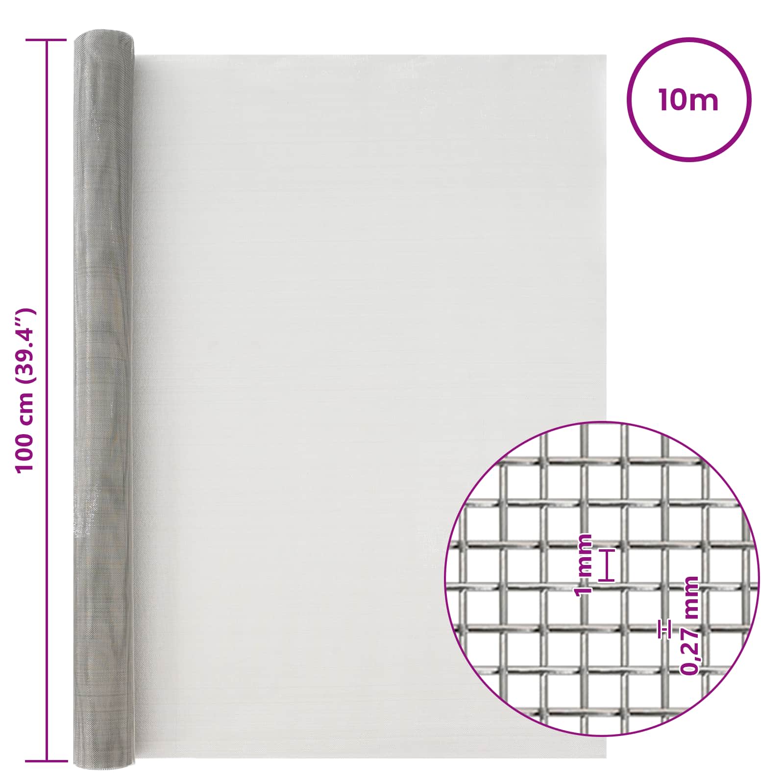 Πλέγμα Οθόνης 100 x 1000 cm 20 Mesh Ανοξείδωτο Ατσάλι 201 Ασημί