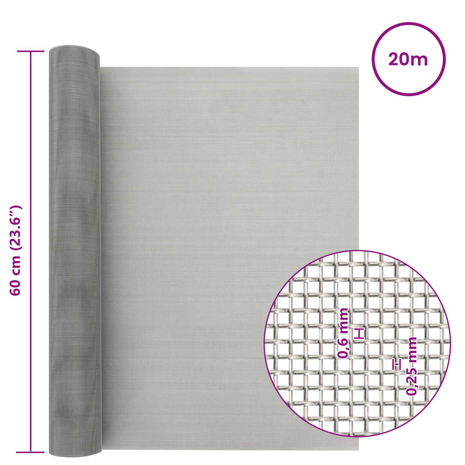 Πλέγμα Οθόνης 60 x 2000 cm 30 Mesh Ανοξείδωτο Ατσάλι 201 Ασημί - Pakobazaar