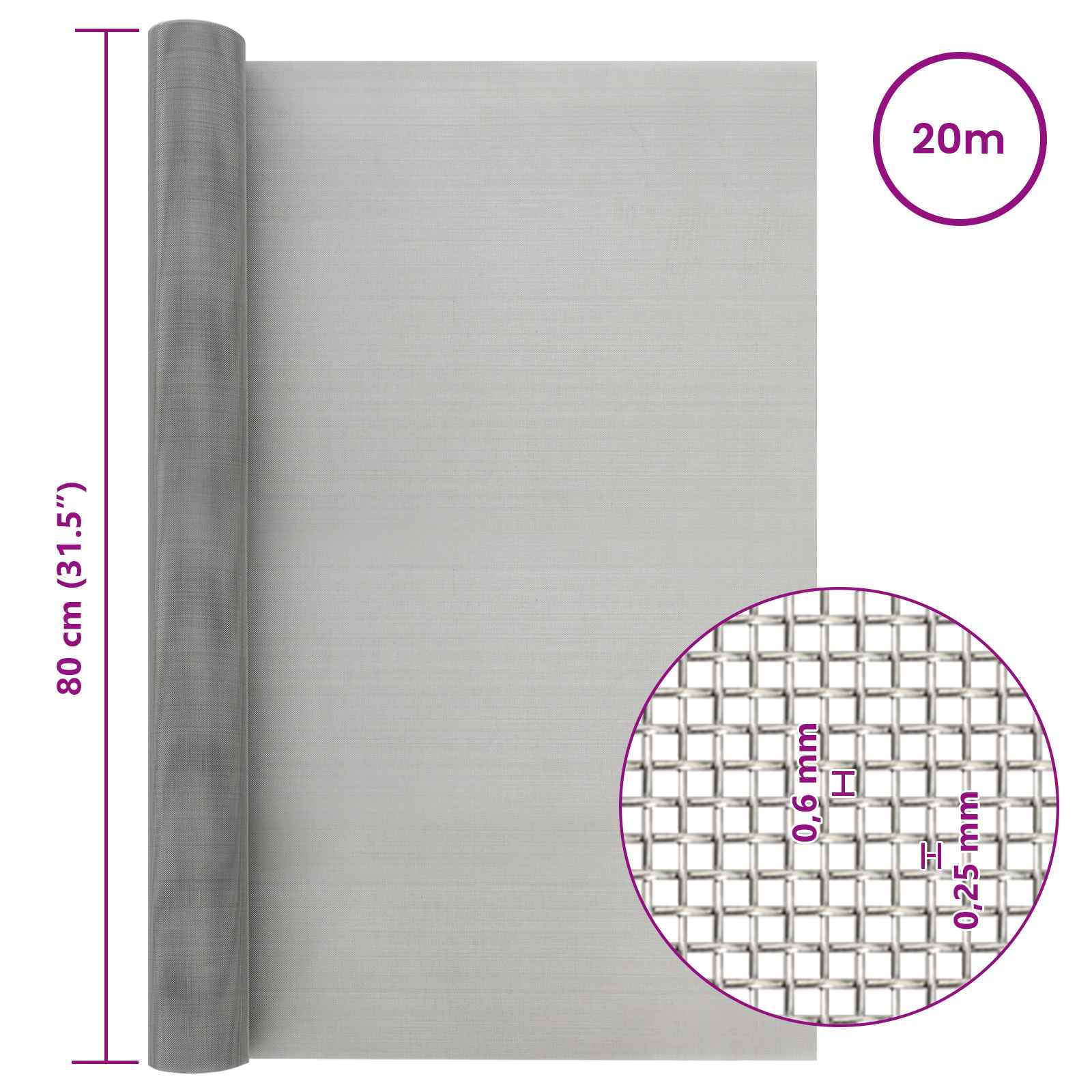 Πλέγμα Οθόνης 80 x 2000 cm 30 Mesh Ανοξείδωτο Ατσάλι 201 Ασημί