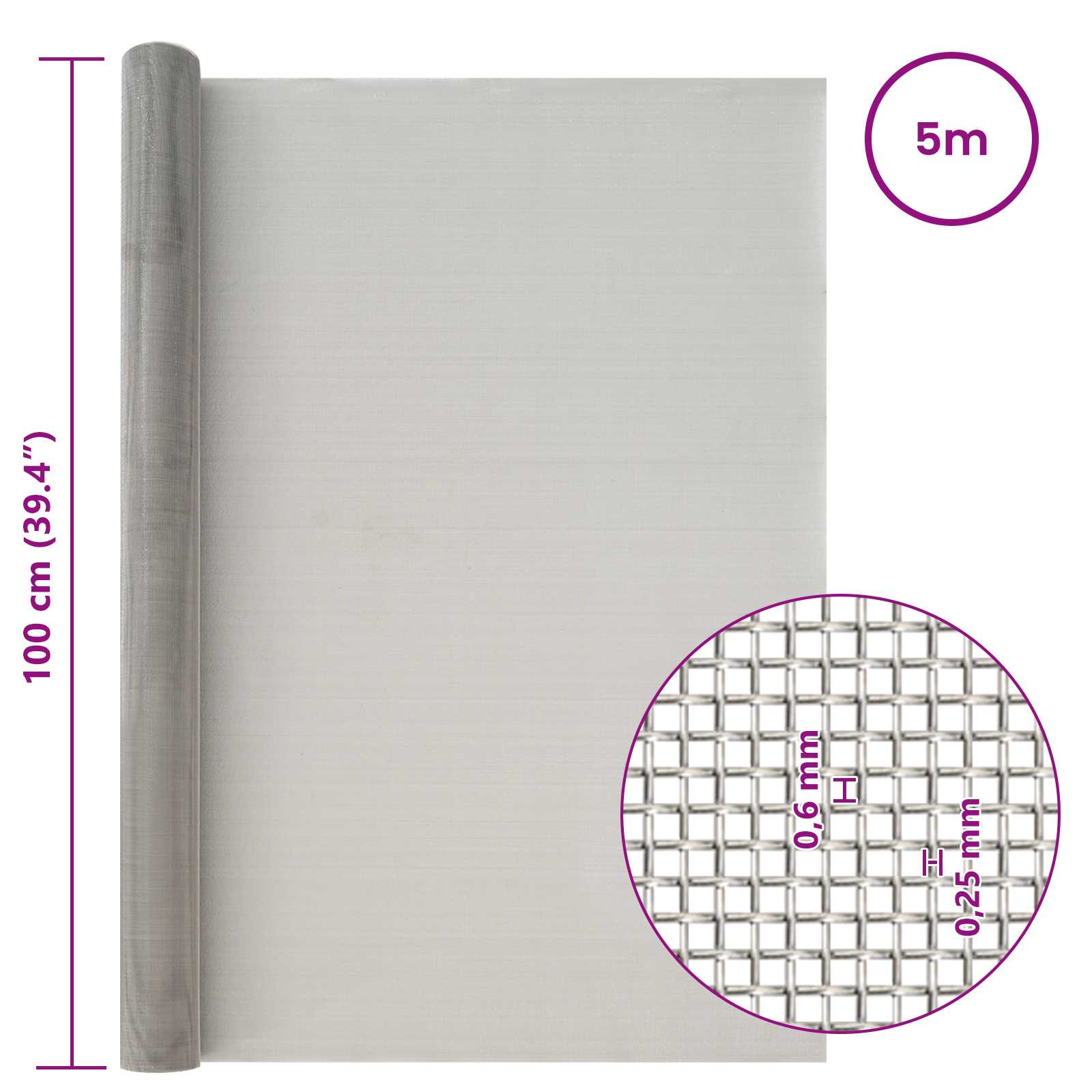 Πλέγμα Οθόνης 100 x 500 cm 30 Mesh Ανοξείδωτο Ατσάλι 201 Ασημί - Pakobazaar