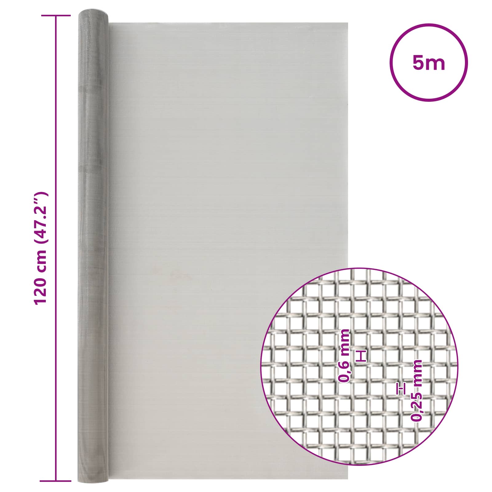 Πλέγμα Οθόνης 120 x 500 cm 30 Mesh Ανοξείδωτο Ατσάλι 201 Ασημί