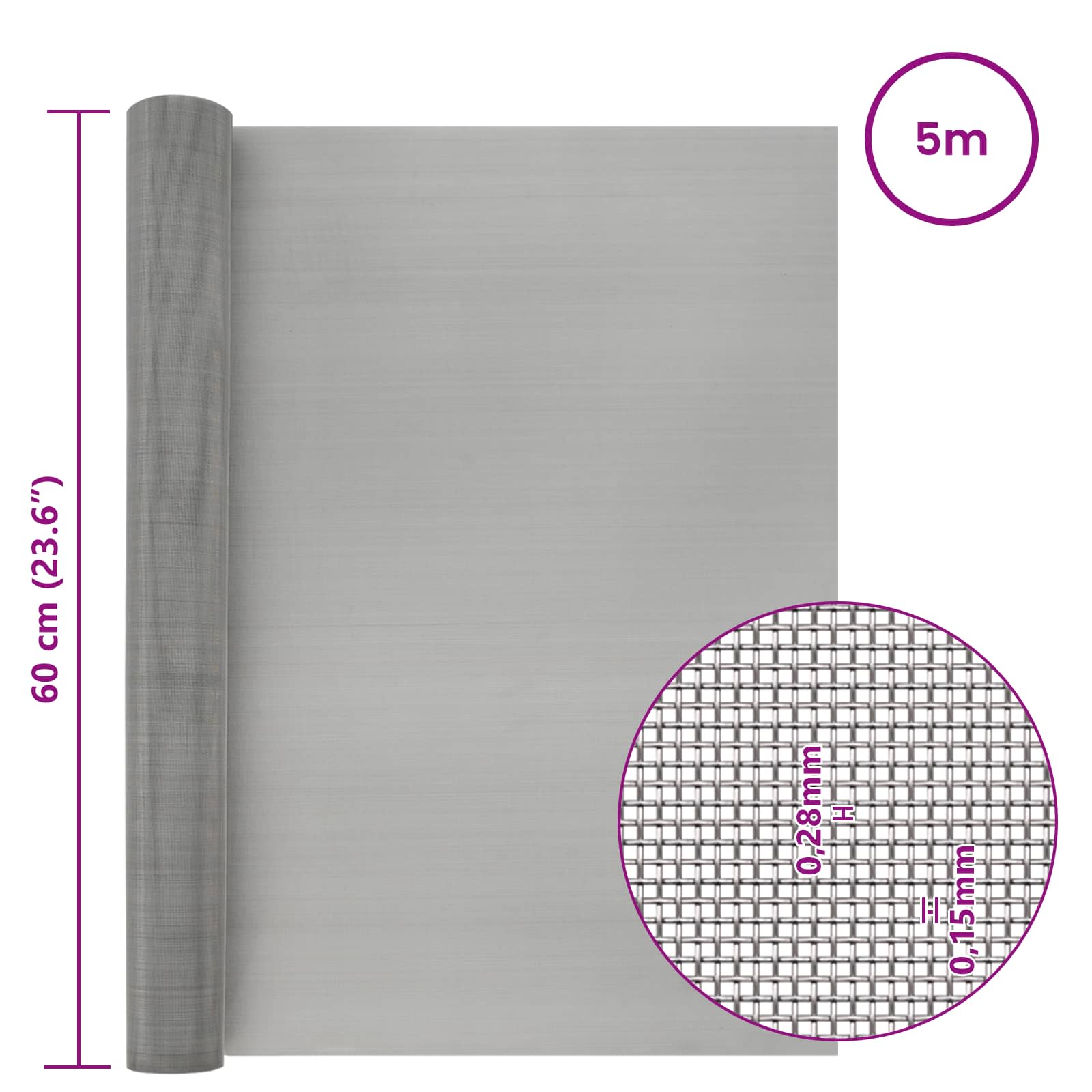 Πλέγμα Οθόνης 60 x 500 cm 60 Mesh Ανοξείδωτο Ατσάλι 201 Ασημί
