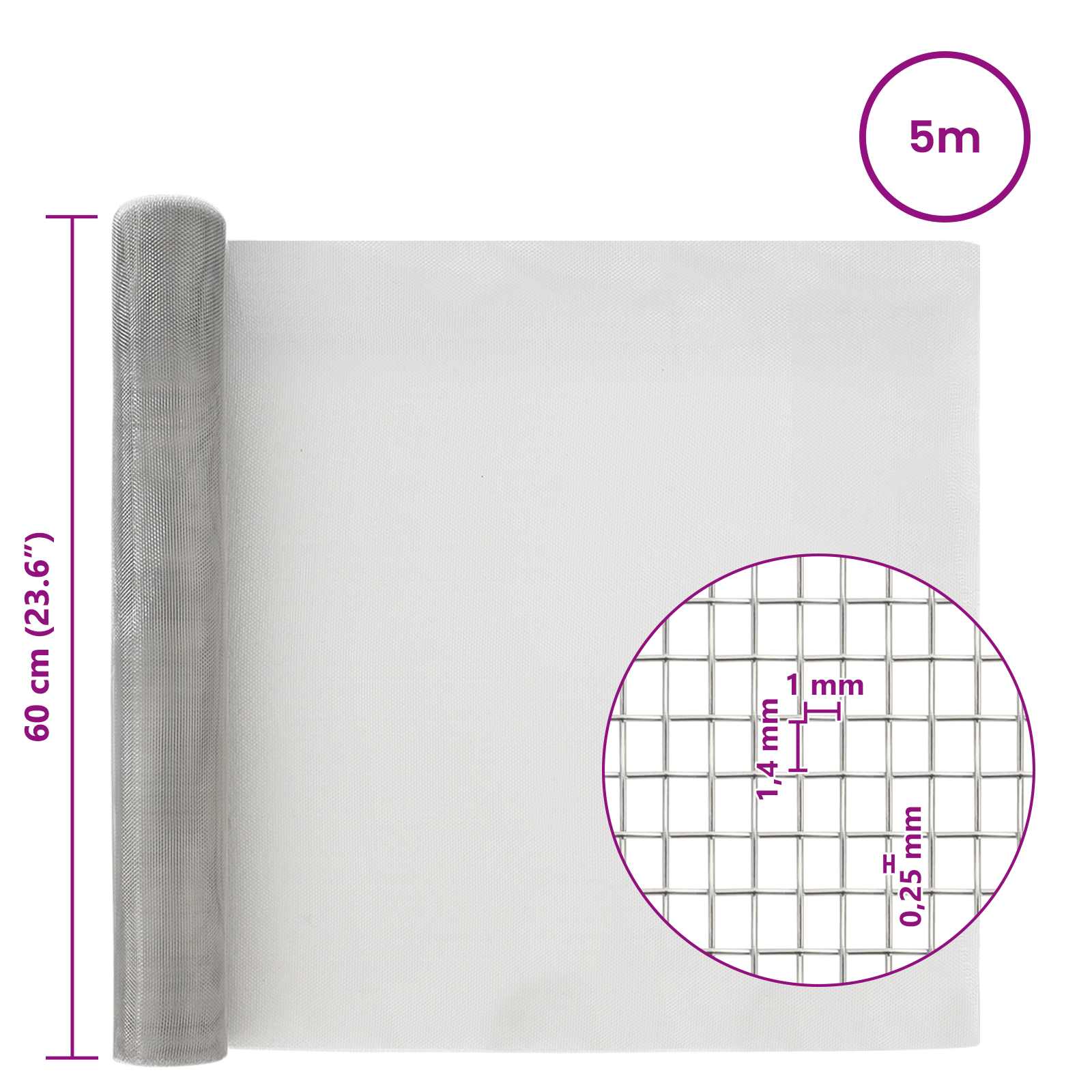 Πλέγμα Οθόνης 60 x 500 cm 18 Mesh Ανοξείδωτο Ατσάλι 201 Ασημί - Pakobazaar