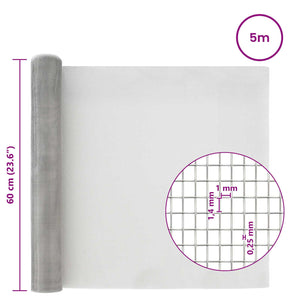Πλέγμα Οθόνης 60 x 500 cm 18 Mesh Ανοξείδωτο Ατσάλι 201 Ασημί - Pakobazaar