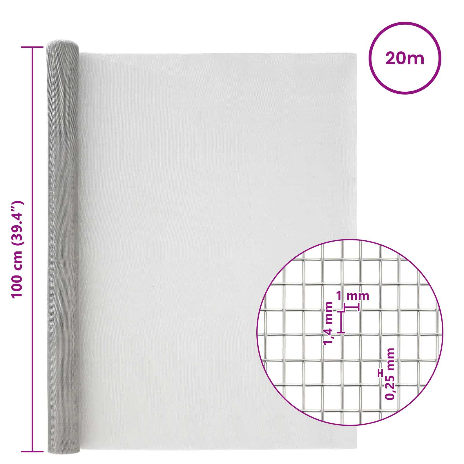 Πλέγμα Οθόνης 100 x 2000 cm 18 Mesh Ανοξείδωτο Ατσάλι 201 Ασημί - Pakobazaar