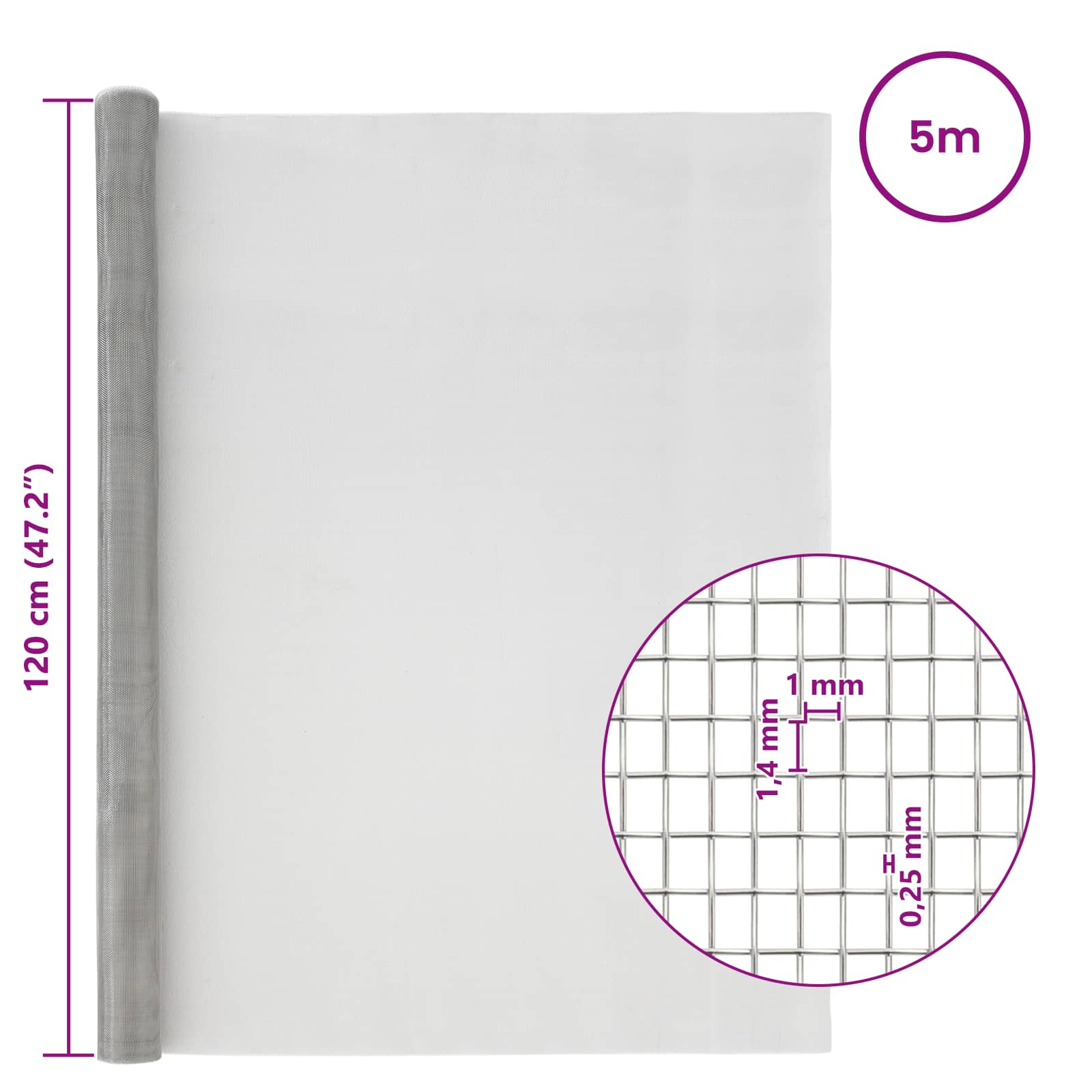 Πλέγμα Οθόνης 120 x 500 cm 18 Mesh Ανοξείδωτο Ατσάλι 201 Ασημί - Pakobazaar
