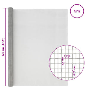 Πλέγμα Οθόνης 120 x 500 cm 18 Mesh Ανοξείδωτο Ατσάλι 201 Ασημί - Pakobazaar