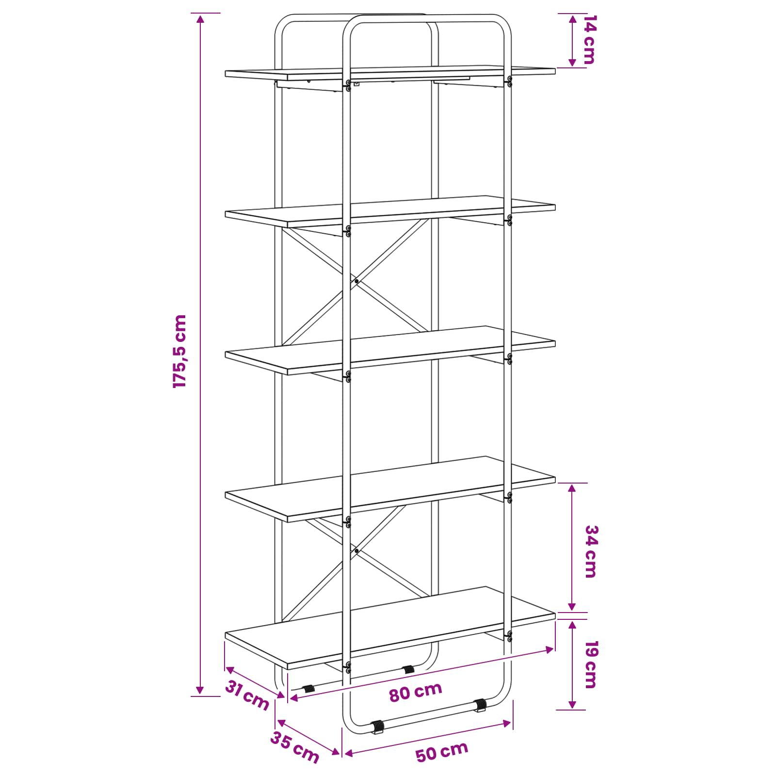 Ράφι Βιβλίων 5 επίπεδα 80 x 35 x 175,5 εκ. PB Μαύρη Δρυς - Pakobazaar