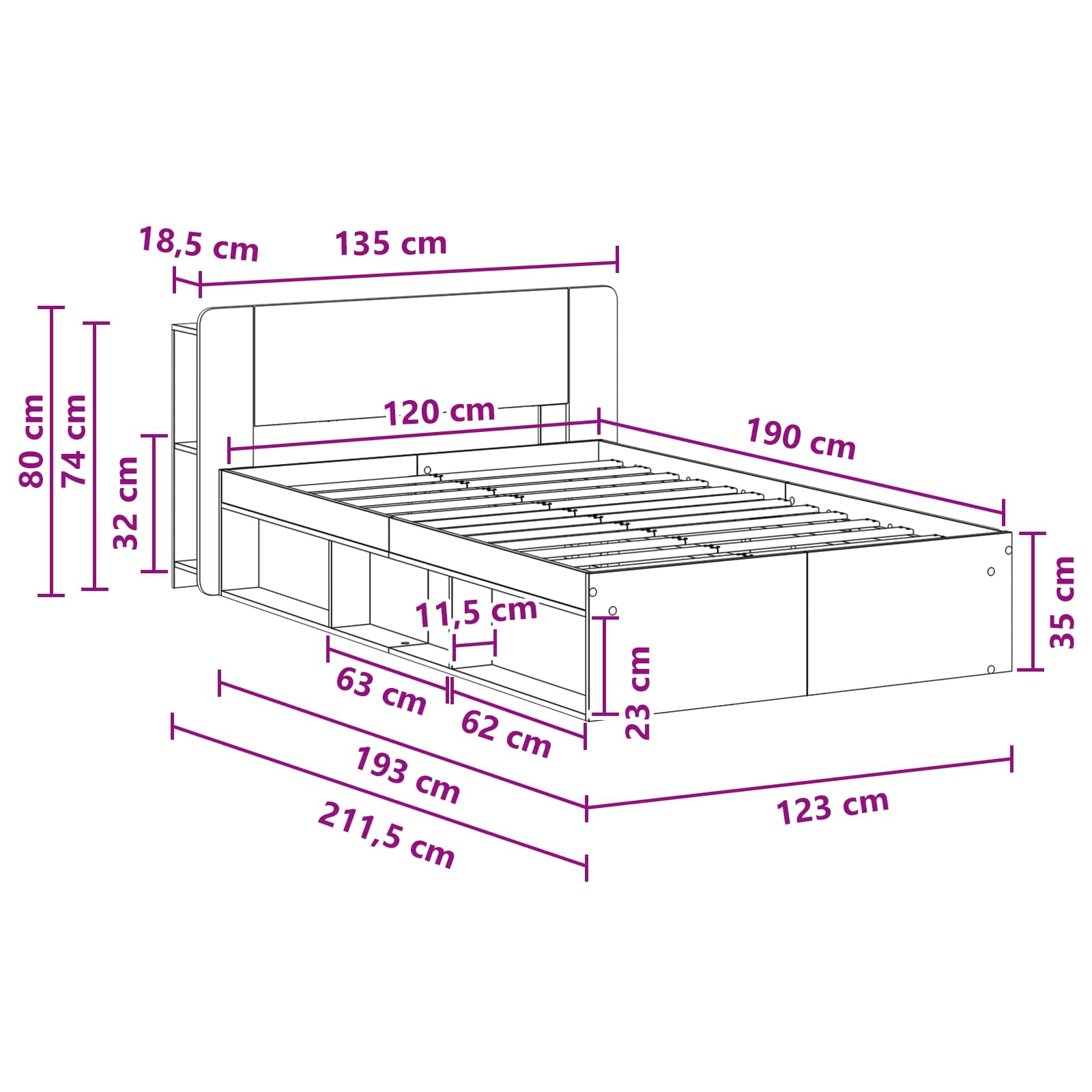 Σκελετός κρεβατιού με αποθήκευση Sonoma Δρυς 120 x 190 cm