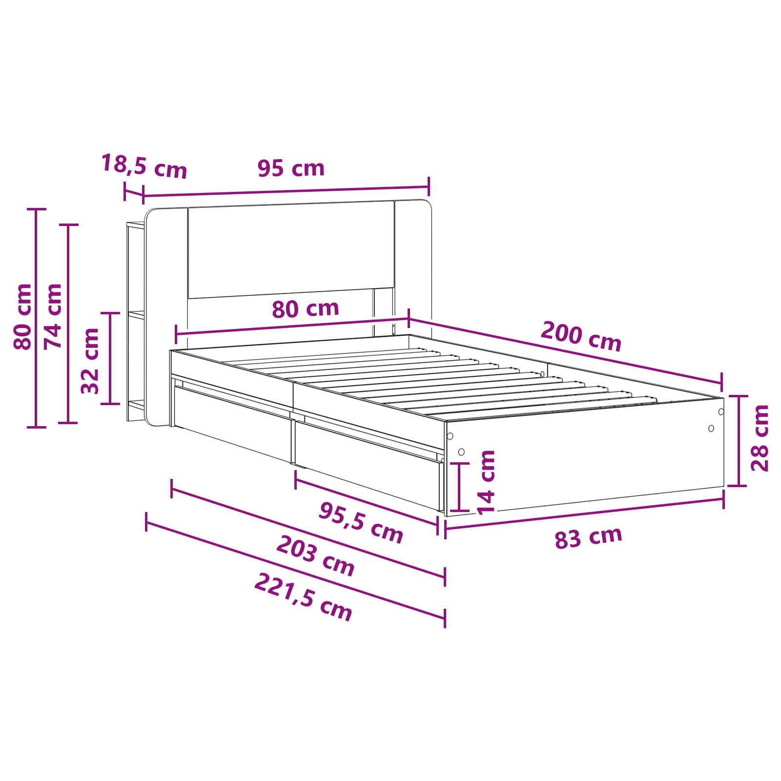 Σκελετός κρεβατιού με αποθήκευση Sonoma Δρυς 80 x 200 cm - Pakobazaar