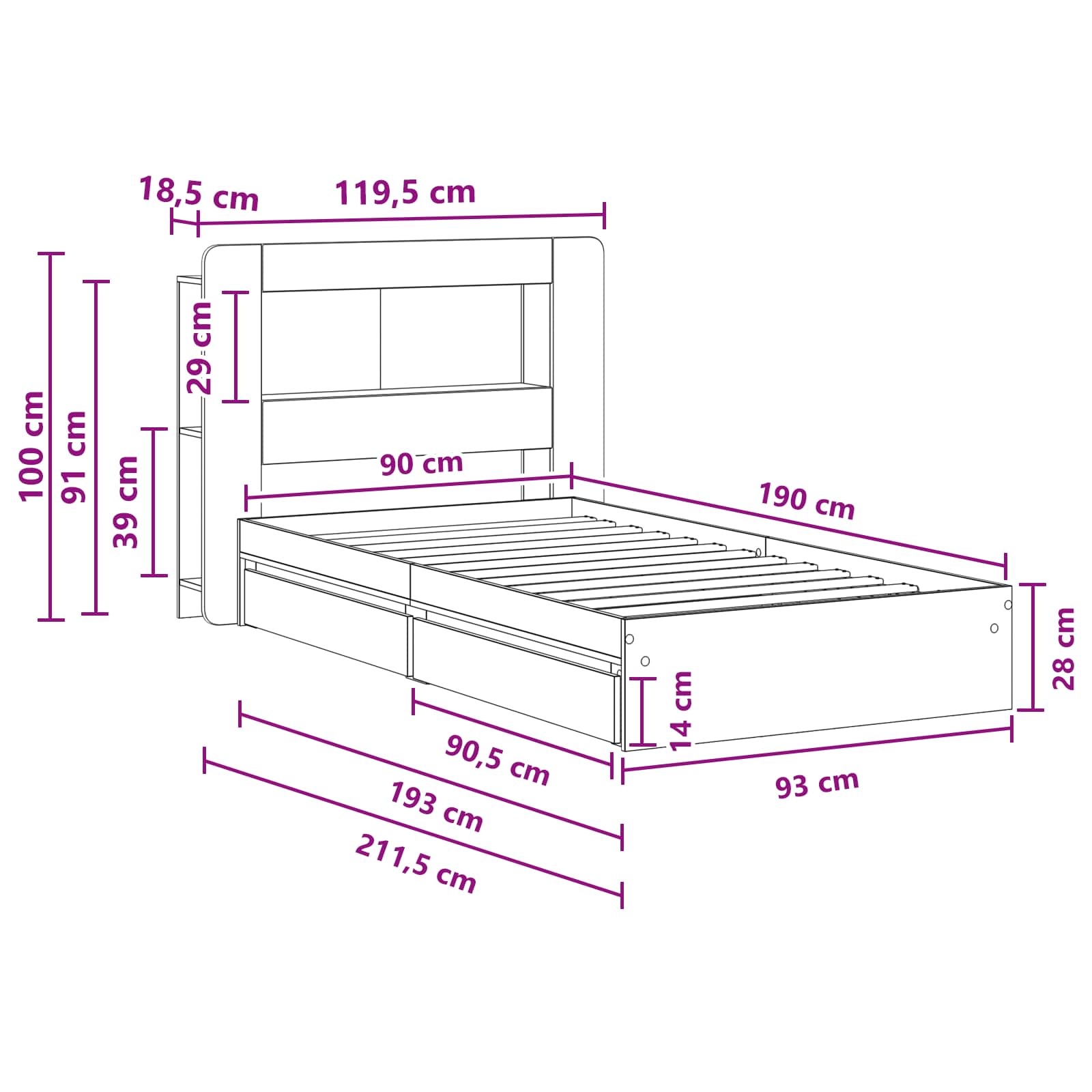 Σκελετός κρεβατιού με αποθήκευση Γκρι Sonoma 90 x 190 cm - Pakobazaar
