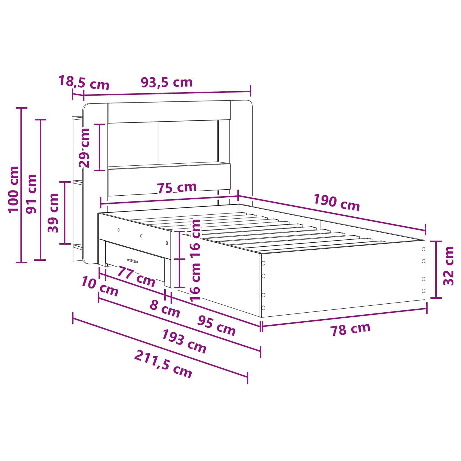 Σκελετός κρεβατιού με αποθήκευση Sonoma Δρυς 75 x 190 cm - Pakobazaar