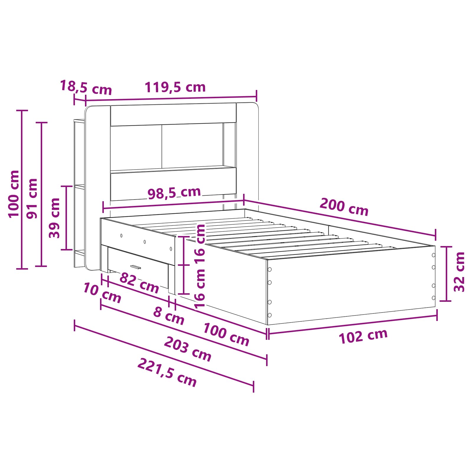 Σκελετός κρεβατιού με αποθήκευση Γκρι Sonoma 100 x 200 cm - Pakobazaar