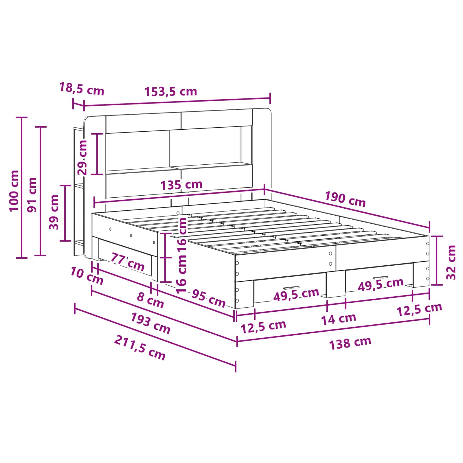 Σκελετός κρεβατιού με αποθήκευση Γκρι Sonoma 135 x 190 cm - Pakobazaar