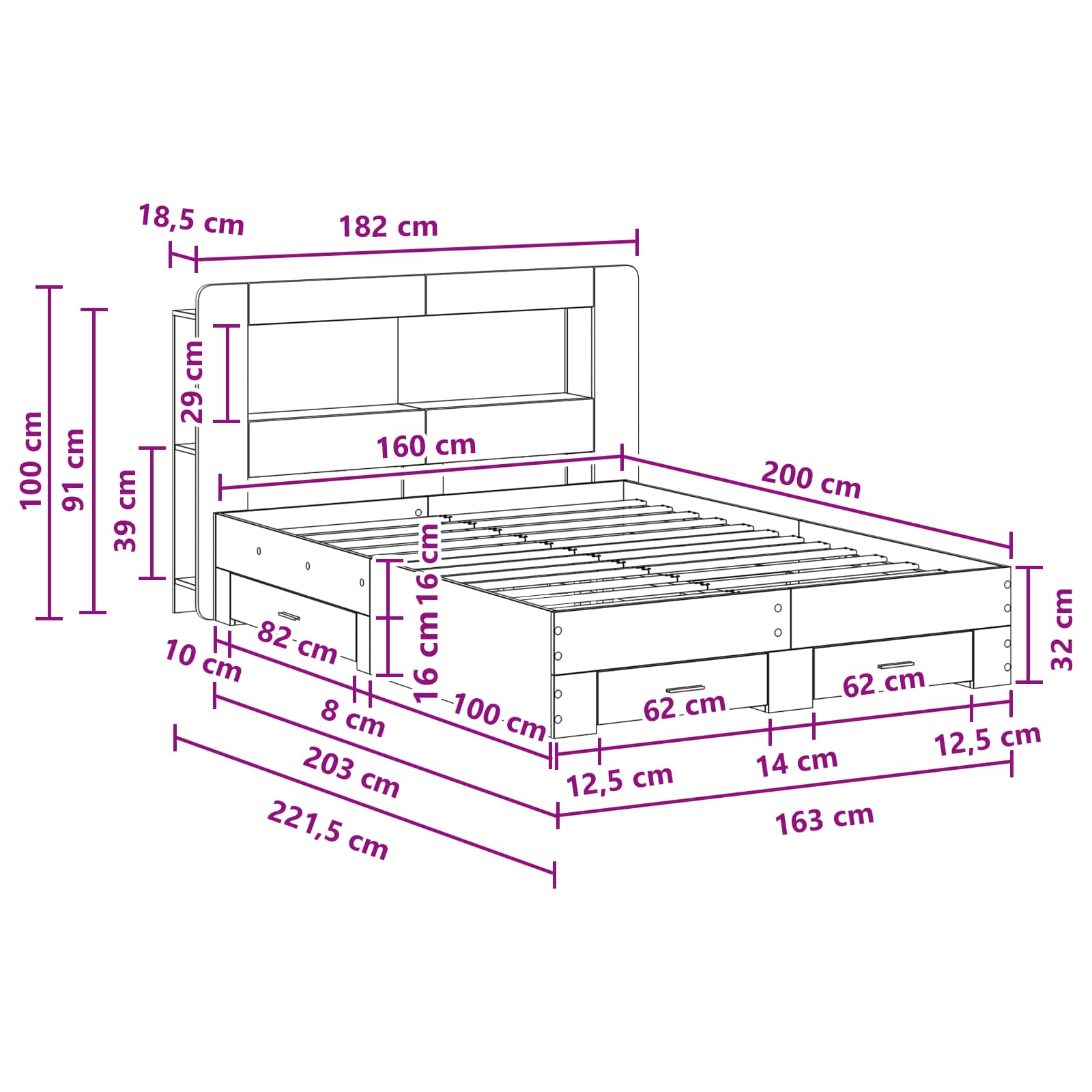 Σκελετός κρεβατιού με αποθήκευση Γκρι Sonoma 160 x 200 cm - Pakobazaar