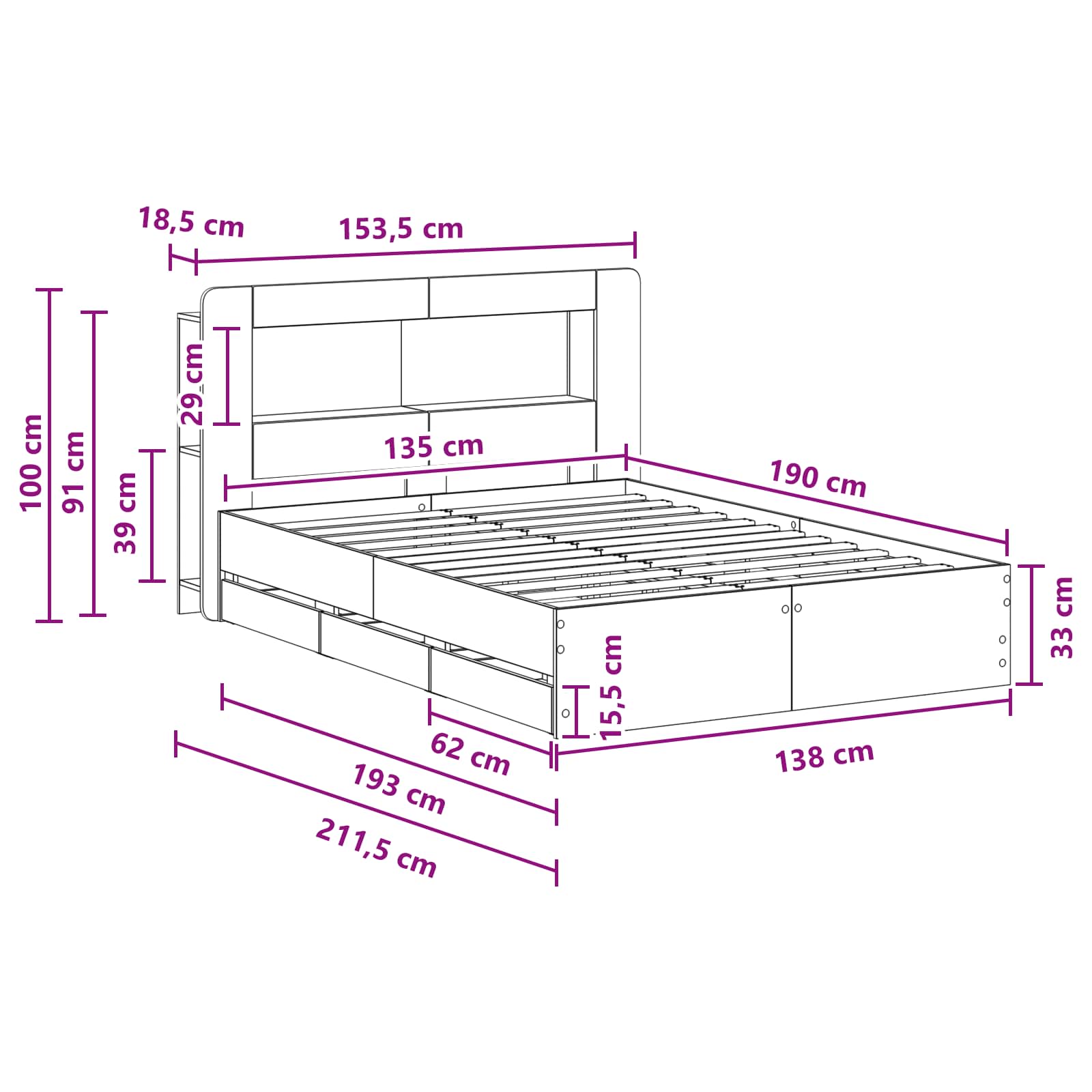 Σκελετός κρεβατιού με αποθήκευση Γκρι Sonoma 135 x 190 cm - Pakobazaar