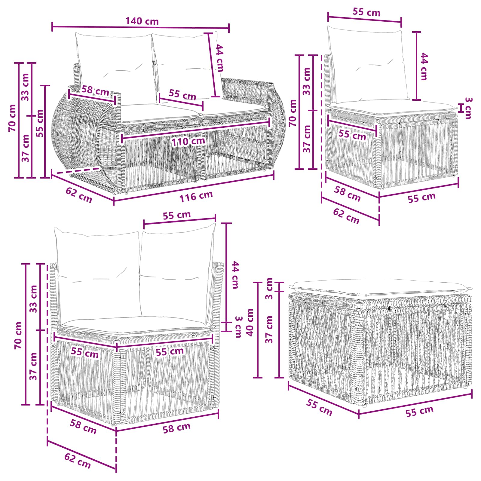 Σετ Καναπέ Κήπου 8 pcs Μαύρο και Κρεμ Λευκό συνθετικό ρατάν - Pakobazaar
