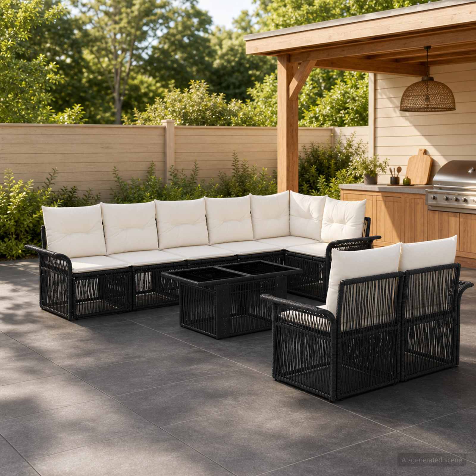 Σετ Καναπέ Κήπου 9 τμχ. Μαύρο και Κρεμ Λευκό συνθετικό ρατάν
