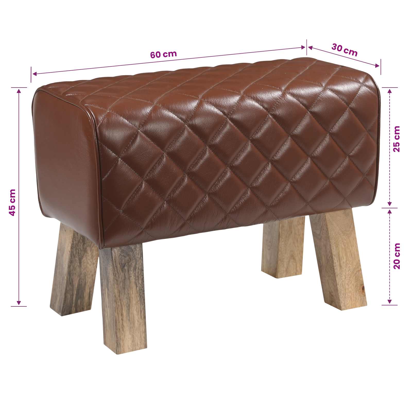 παγκάκι 60 x 30 x 45 cm Αληθινό Δέρμα Καφέ με σχέδιο ρόμβου