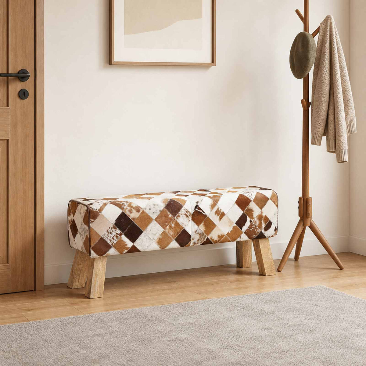 παγκάκι 110 x 30 x 45 εκ. Αληθινό Δέρμα Καφέ Patchwork