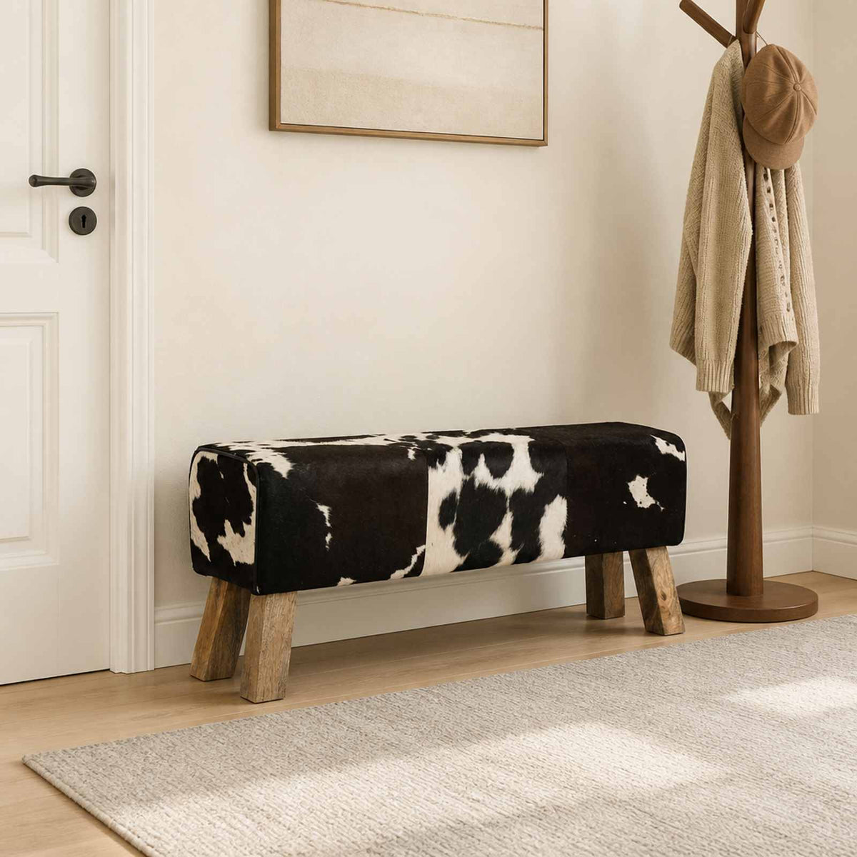παγκάκι 110 x 30 x 45 εκ. Αληθινό Δέρμα Μαύρο και Λευκό - Pakobazaar