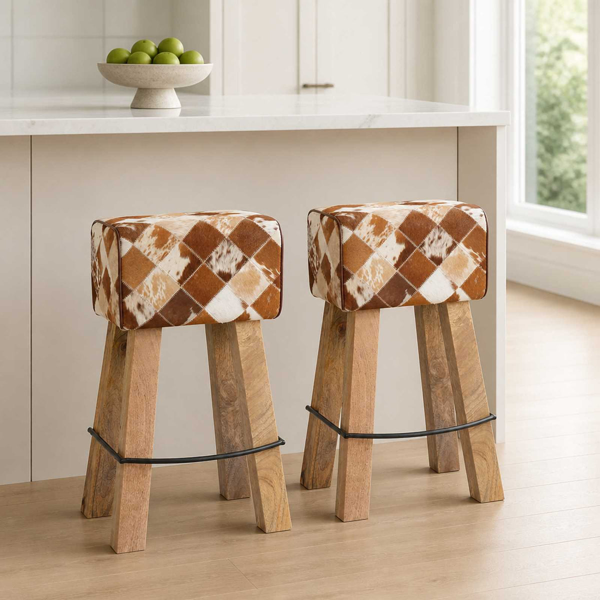 Μπαρ σκαμπό 2 τμχ. Καφέ Patchwork 44 x 33 x 74 cm Αληθινό Δέρμα