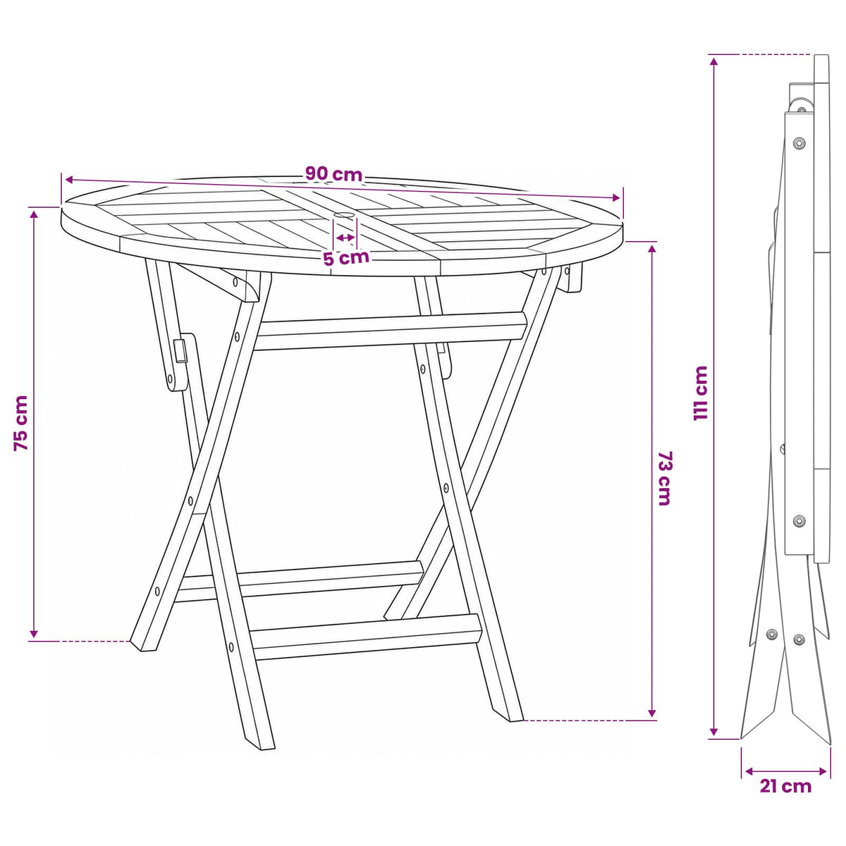 Αναδιπλούμενο Τραπέζι Κήπου Φυσικό Ø 90 x 75 cm Στερεό Ξύλο Τίκ