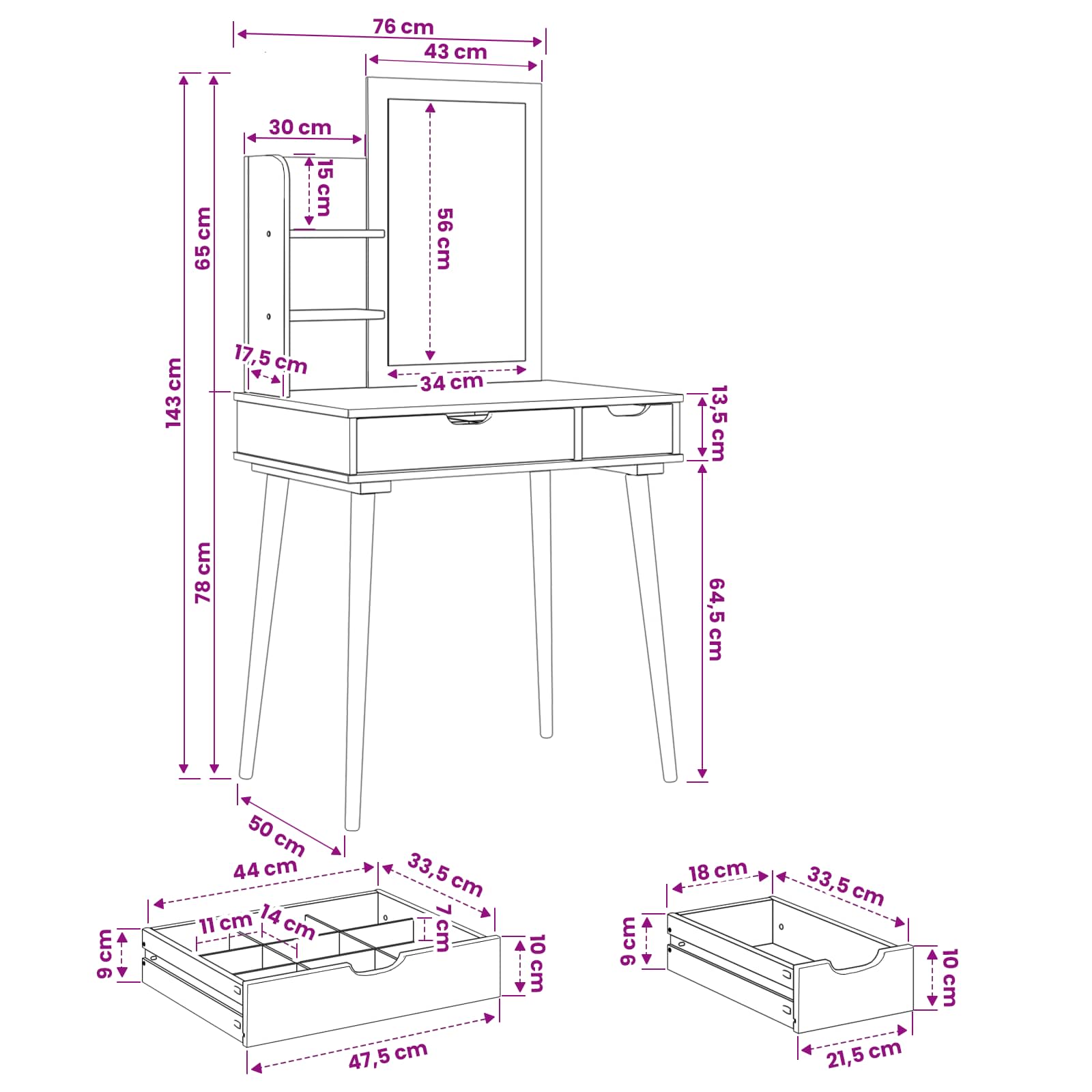 Σετ Τραπεζιού Μακιγιάζ FAUSKE 3 pcs Λευκό 76 x 50 x 143 εκ
