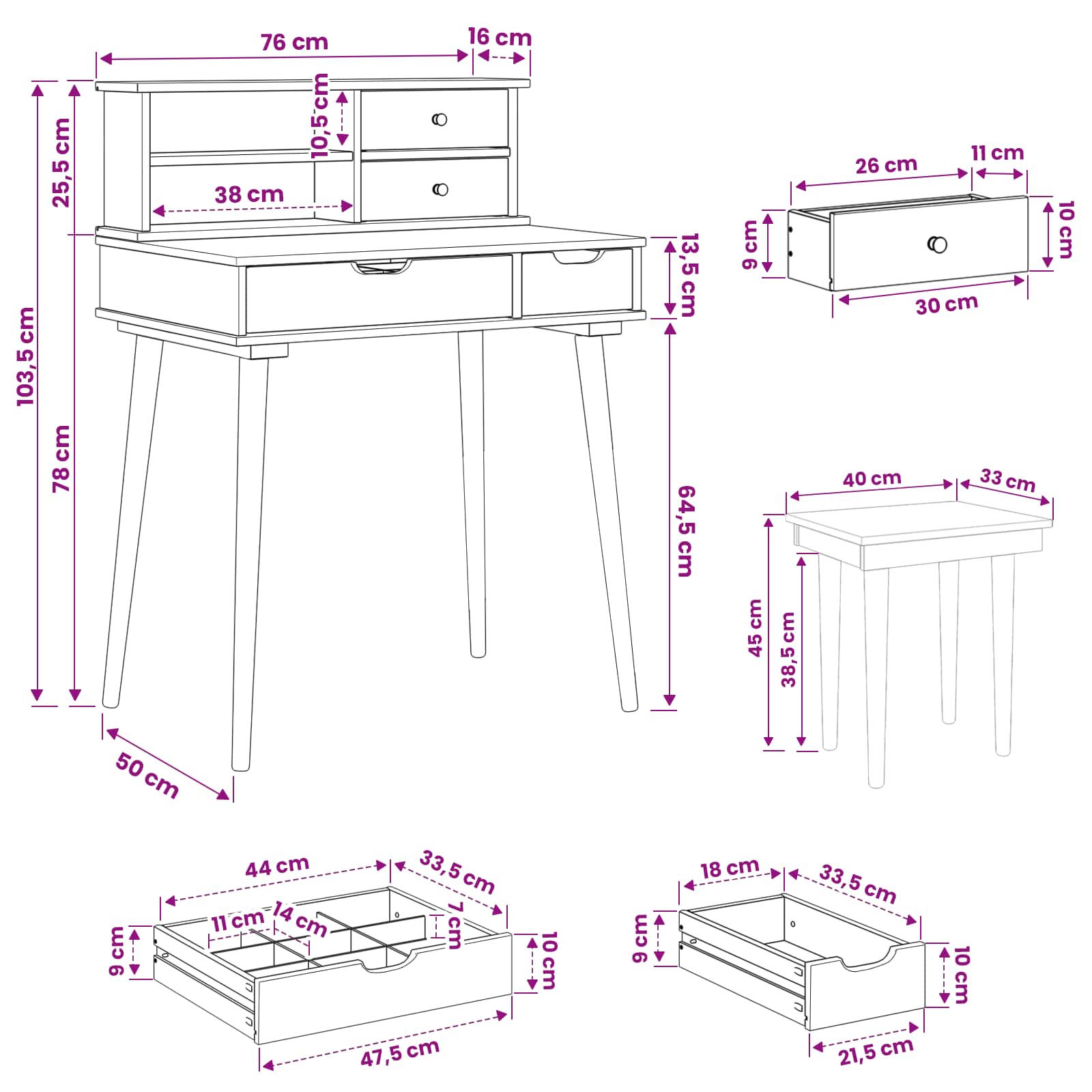 Σετ Τραπεζιού Μακιγιάζ FAUSKE 3 pcs Λευκό 76 x 50 x 103,5 εκ - Pakobazaar