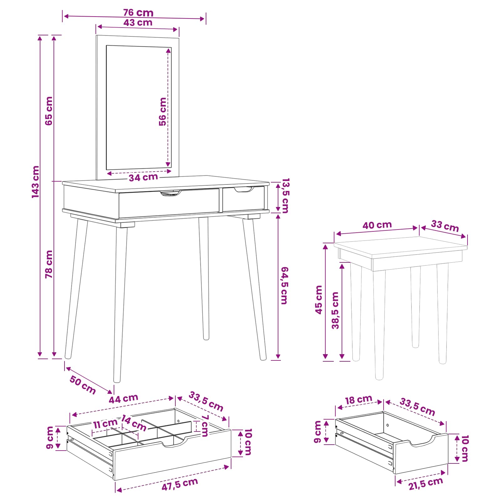 Σετ Τραπεζιού Μακιγιάζ FAUSKE 3 pcs Λευκό 76 x 50 x 143 εκ - Pakobazaar