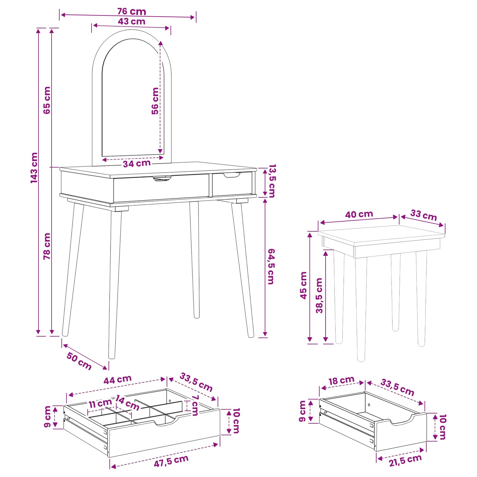 Σετ Τραπεζιού Μακιγιάζ FAUSKE 3 pcs Λευκό 76 x 50 x 143 εκ