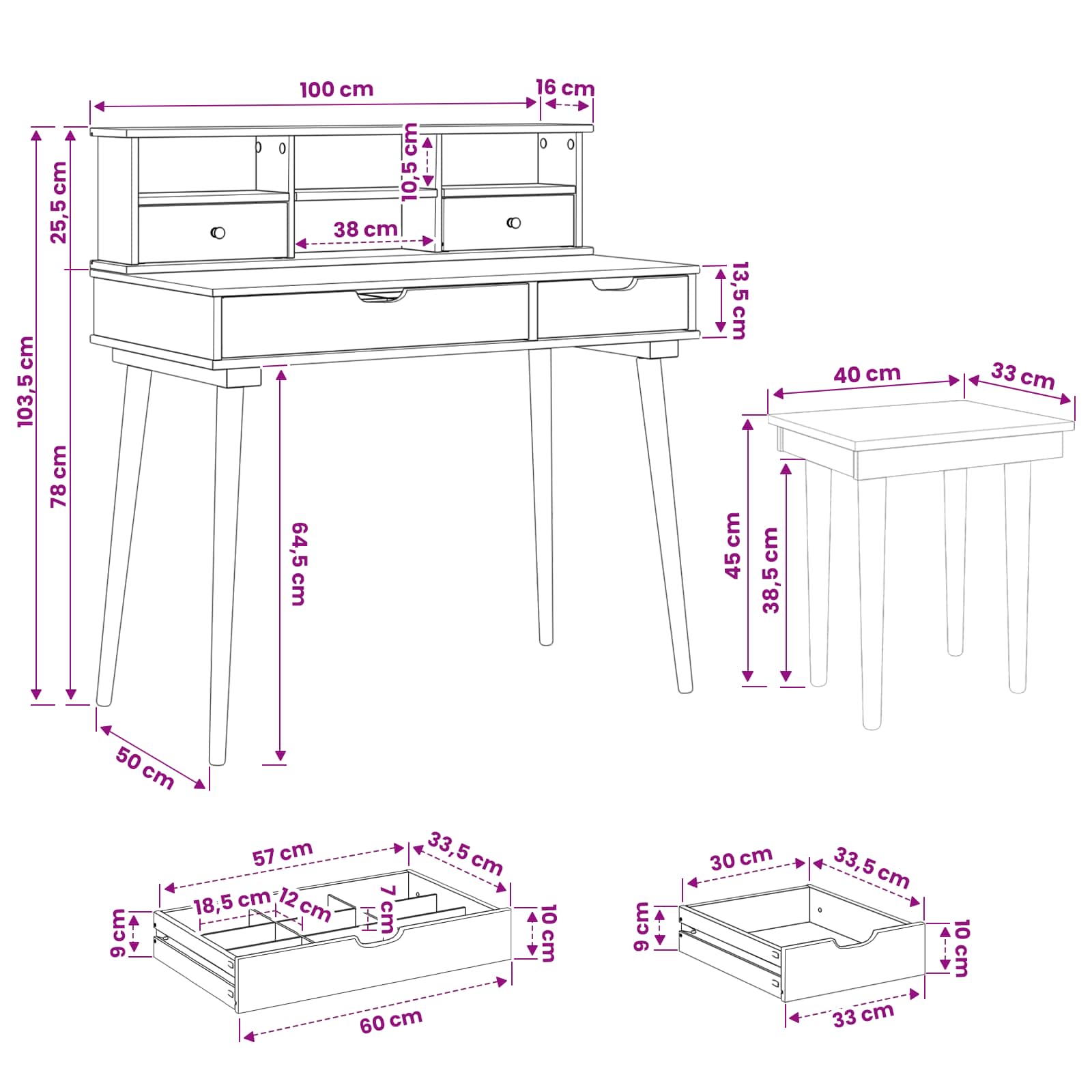 Σετ Τραπεζιού Μακιγιάζ FAUSKE 3 pcs Λευκό 100 x 50 x 103,5 εκ. - Pakobazaar