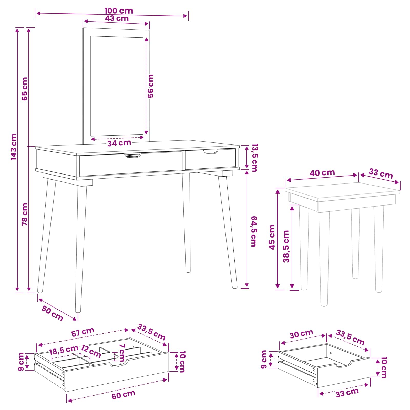 Σετ Τραπεζιού Μακιγιάζ FAUSKE 3 pcs Λευκό 100 x 50 x 143 εκ