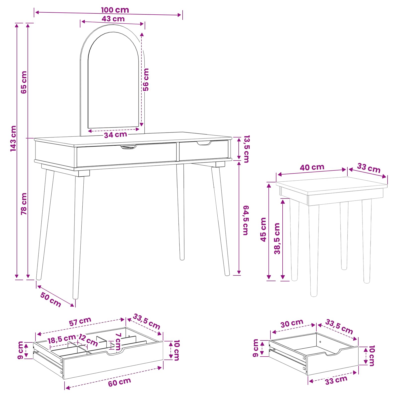 Σετ Τραπεζιού Μακιγιάζ FAUSKE 3 pcs Λευκό 100 x 50 x 143 εκ