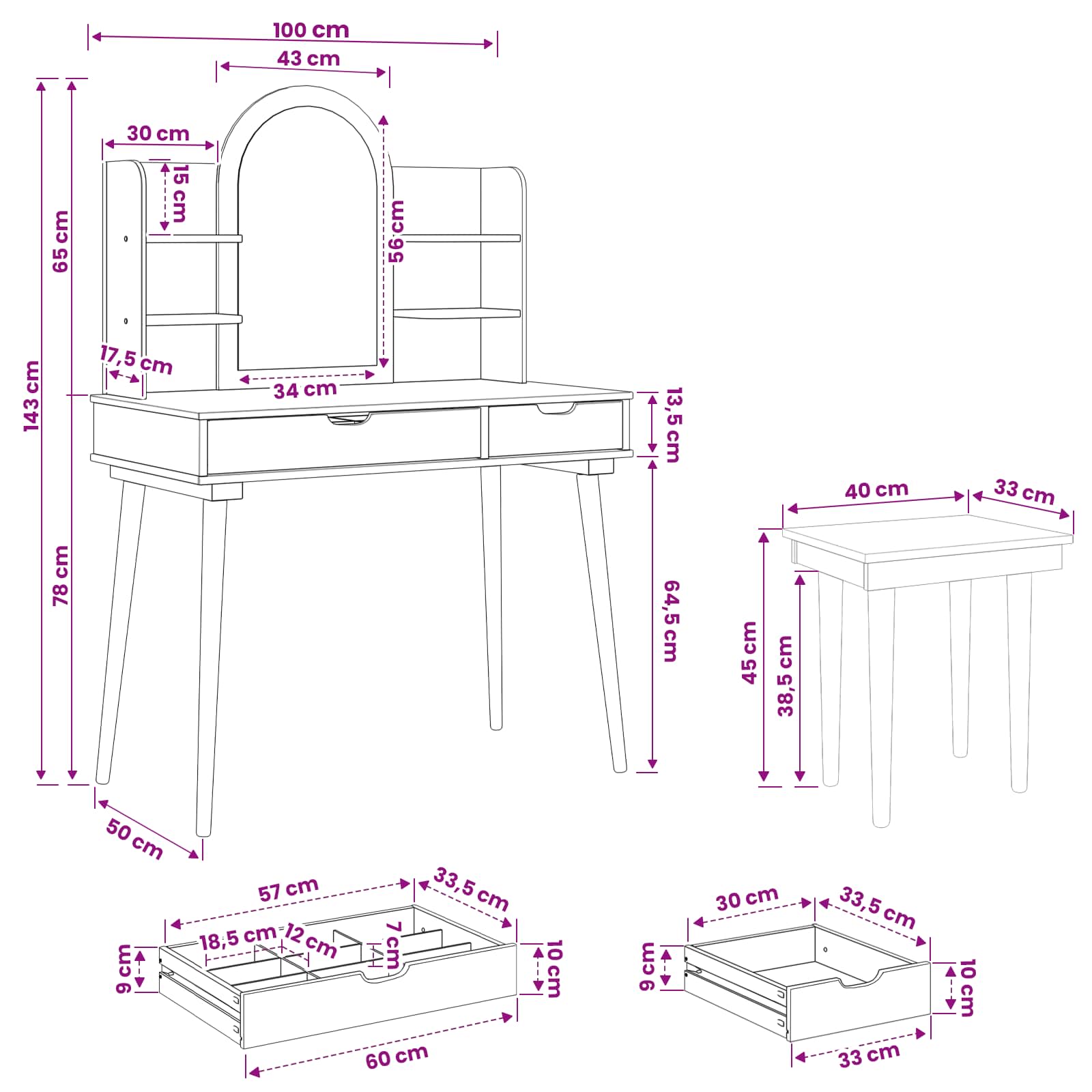 Σετ Τραπεζιού Μακιγιάζ FAUSKE 5 pcs Λευκό 100 x 50 x 143 εκ