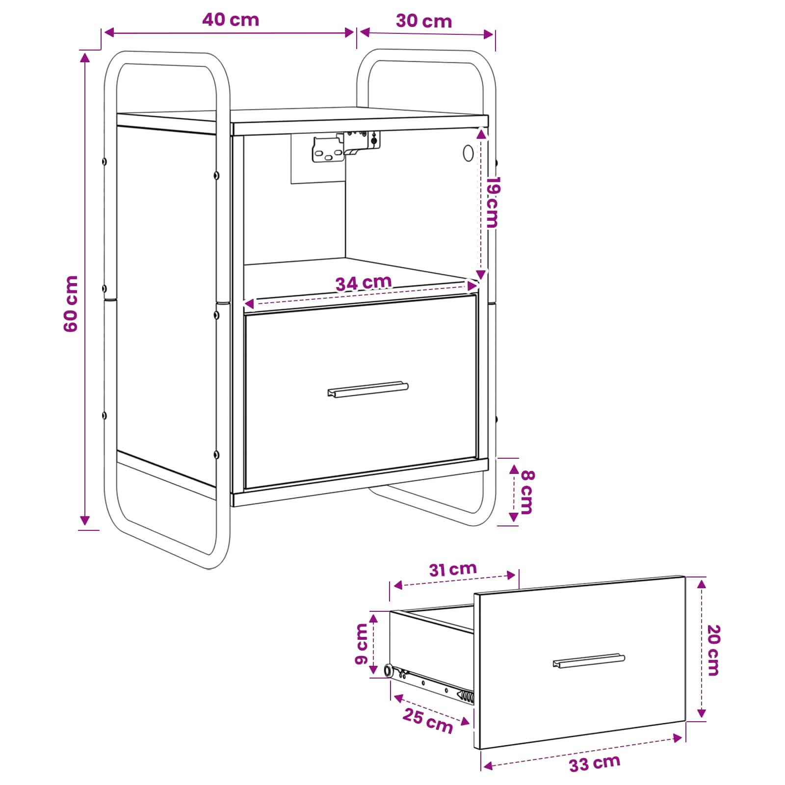 Κρεμαστό Κομοδίνο 2 τμχ. Γκρι Sonoma 40 x 30 x 60 cm