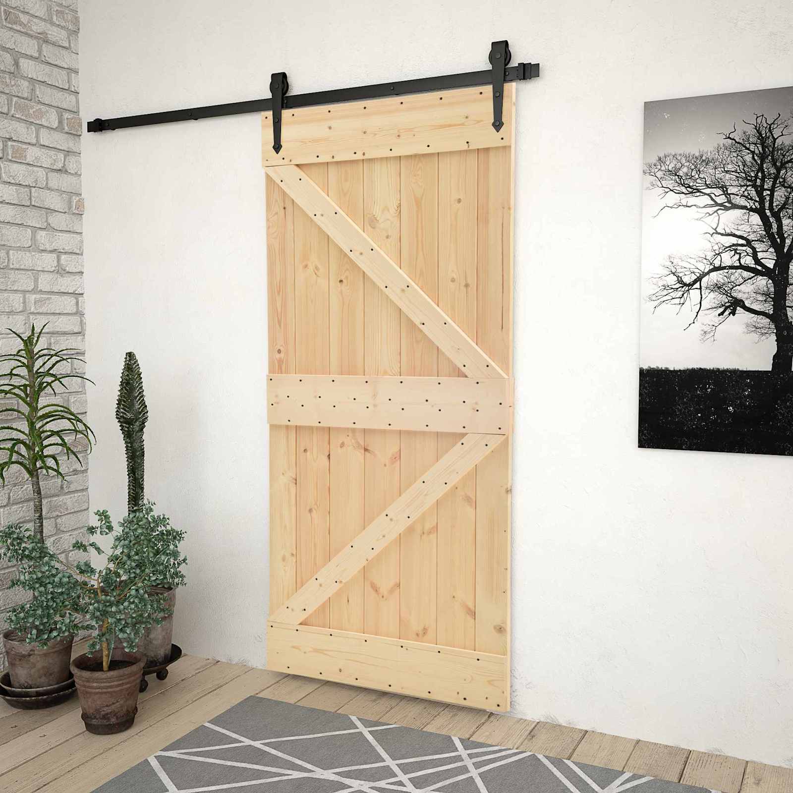 Συρόμενη Πόρτα Φυσικό και Μαύρο 80 x 210 cm Μασίφ Ξύλο Πεύκου - Pakobazaar