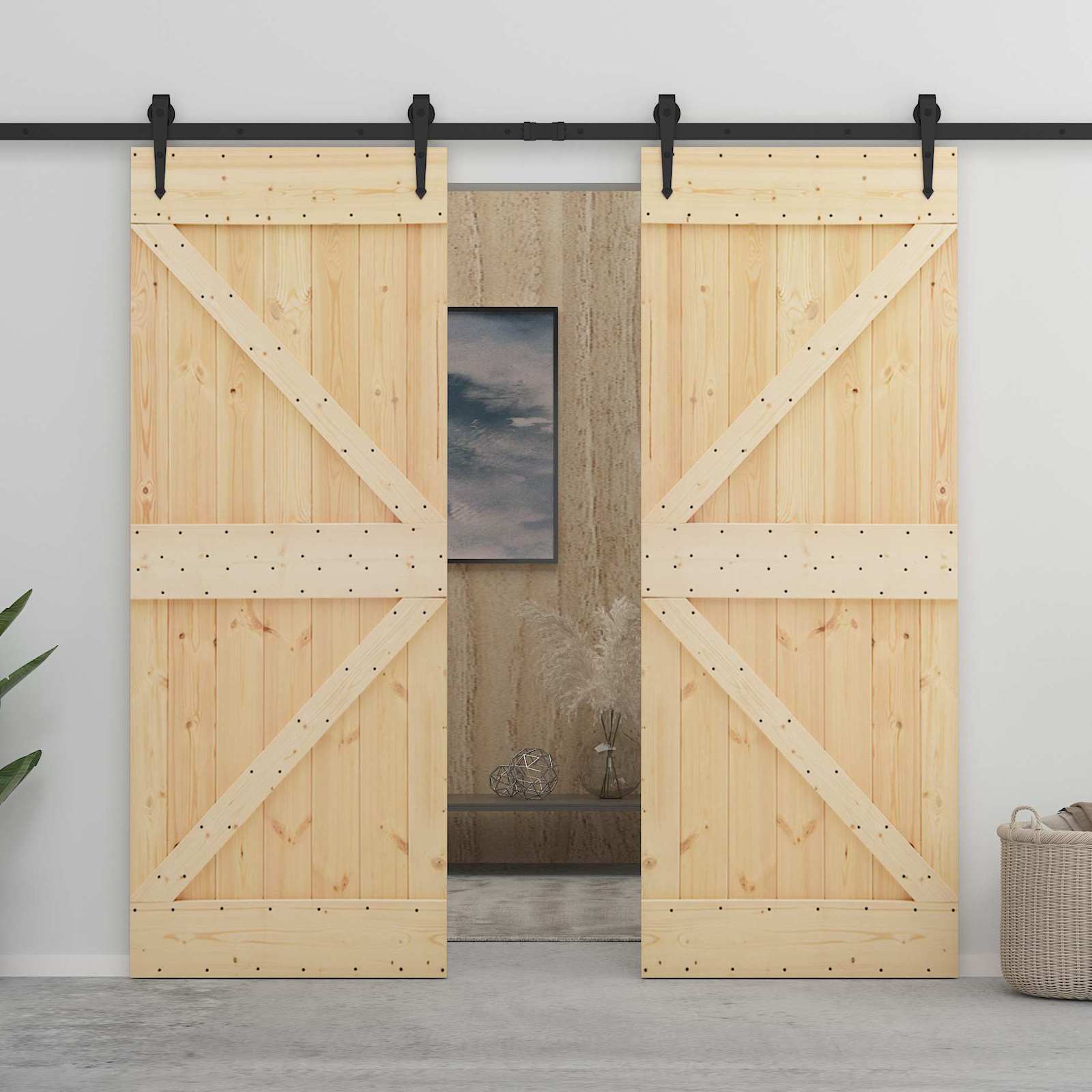 Συρόμενη Πόρτα Φυσικό και Μαύρο 80 x 210 cm Μασίφ Ξύλο Πεύκου - Pakobazaar