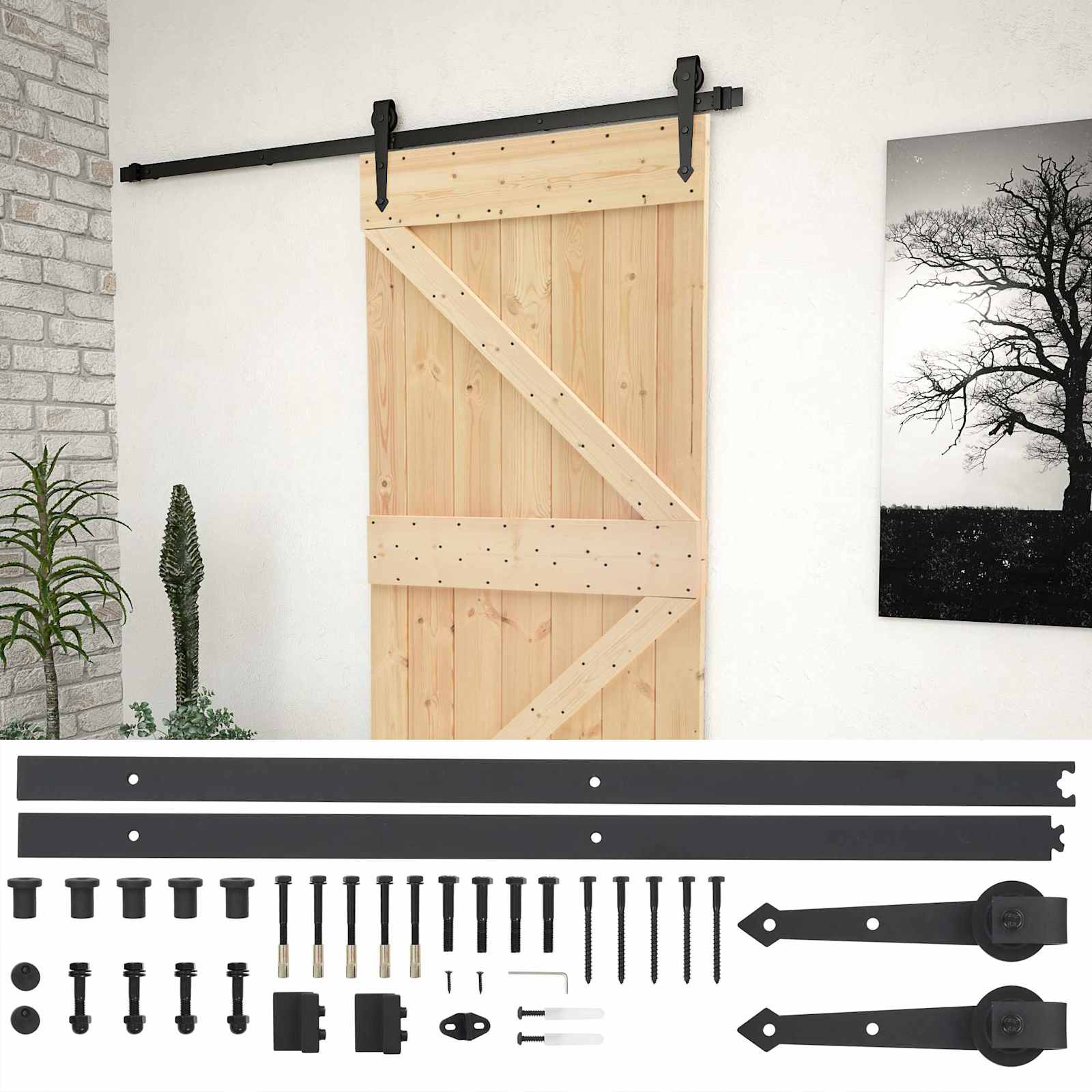 Συρόμενη Πόρτα Φυσικό και Μαύρο 80 x 210 cm Μασίφ Ξύλο Πεύκου - Pakobazaar