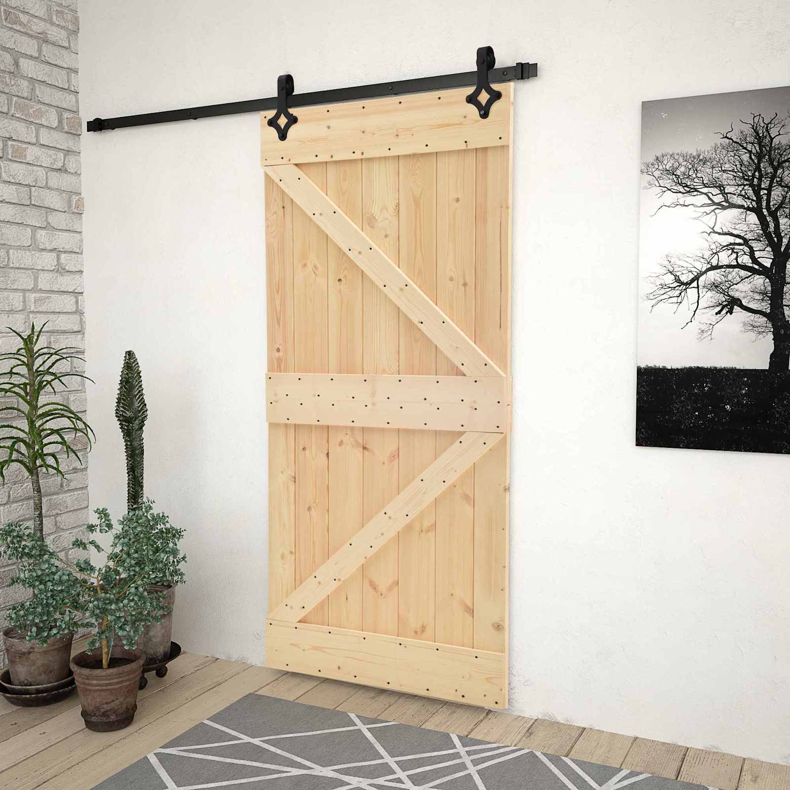Συρόμενη Πόρτα Φυσικό και Μαύρο 80 x 210 cm Μασίφ Ξύλο Πεύκου - Pakobazaar