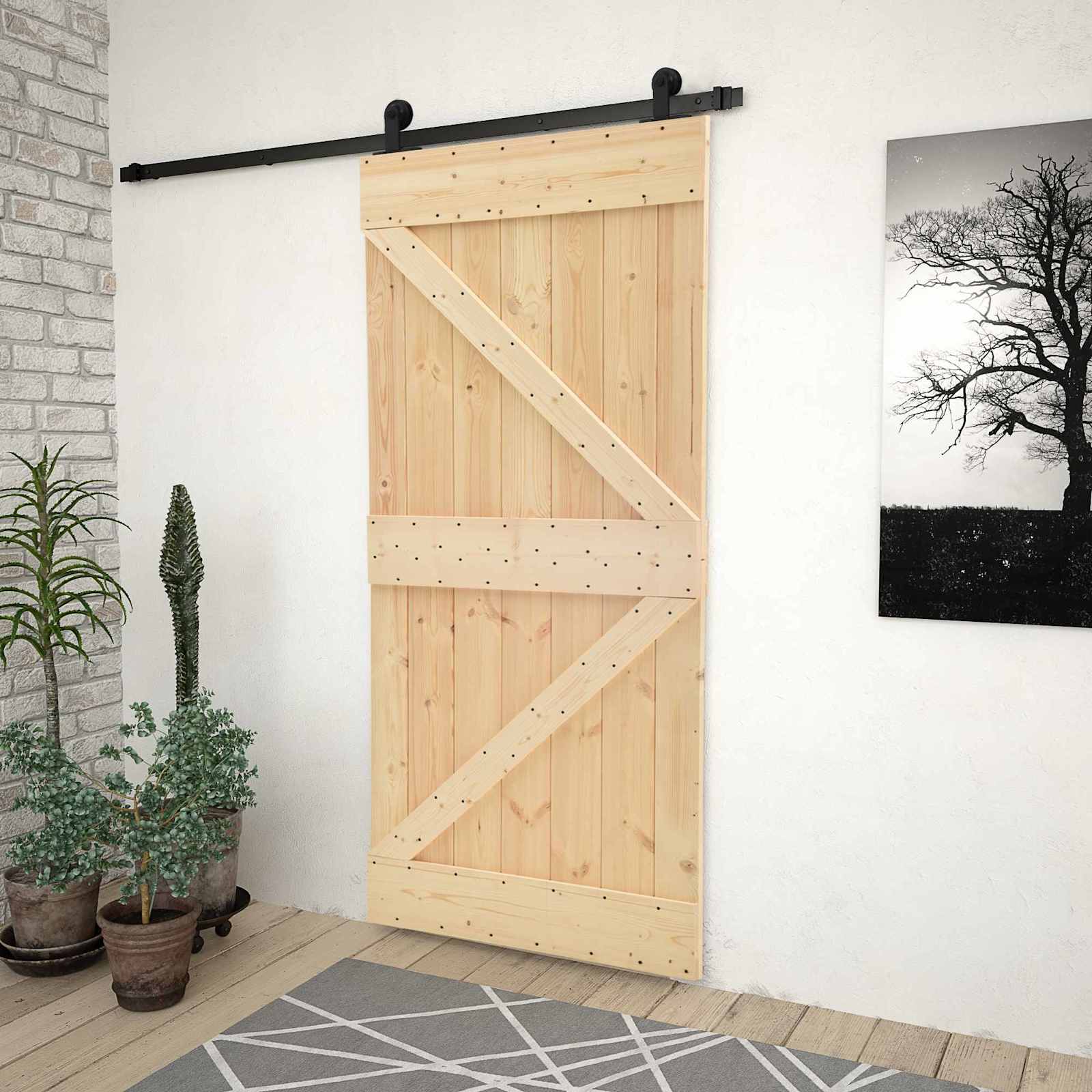Συρόμενη Πόρτα Φυσικό και Μαύρο 80 x 210 cm Μασίφ Ξύλο Πεύκου - Pakobazaar