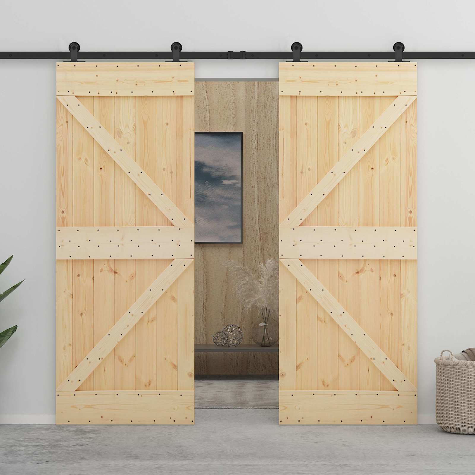 Συρόμενη Πόρτα Φυσικό και Μαύρο 80 x 210 cm Μασίφ Ξύλο Πεύκου - Pakobazaar