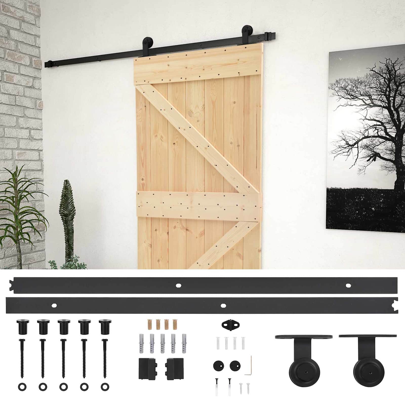 Συρόμενη Πόρτα Φυσικό και Μαύρο 80 x 210 cm Μασίφ Ξύλο Πεύκου - Pakobazaar
