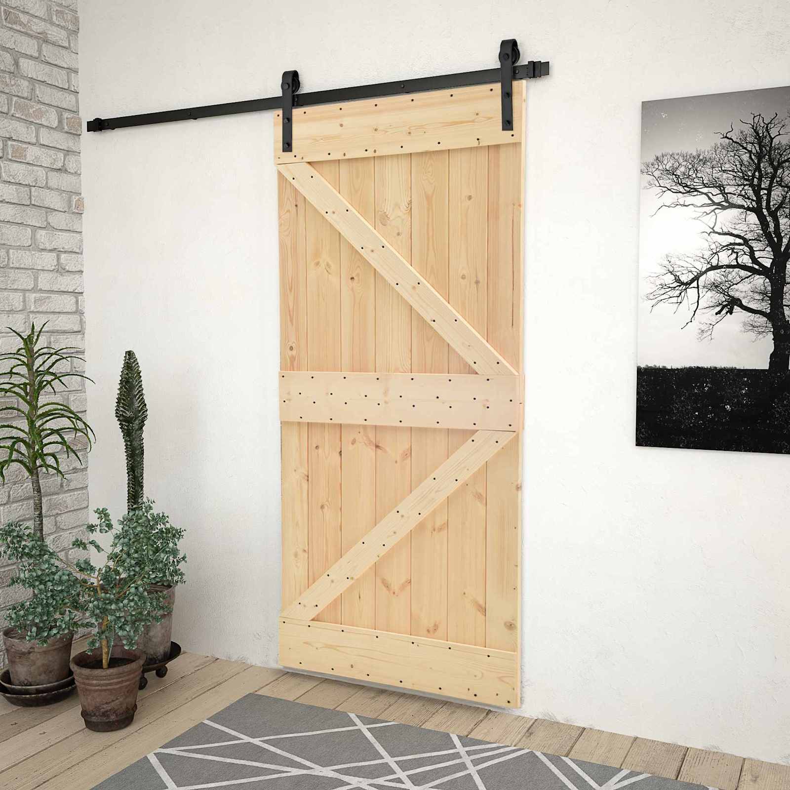 Συρόμενη Πόρτα Φυσικό και Μαύρο 80 x 210 cm Μασίφ Ξύλο Πεύκου - Pakobazaar