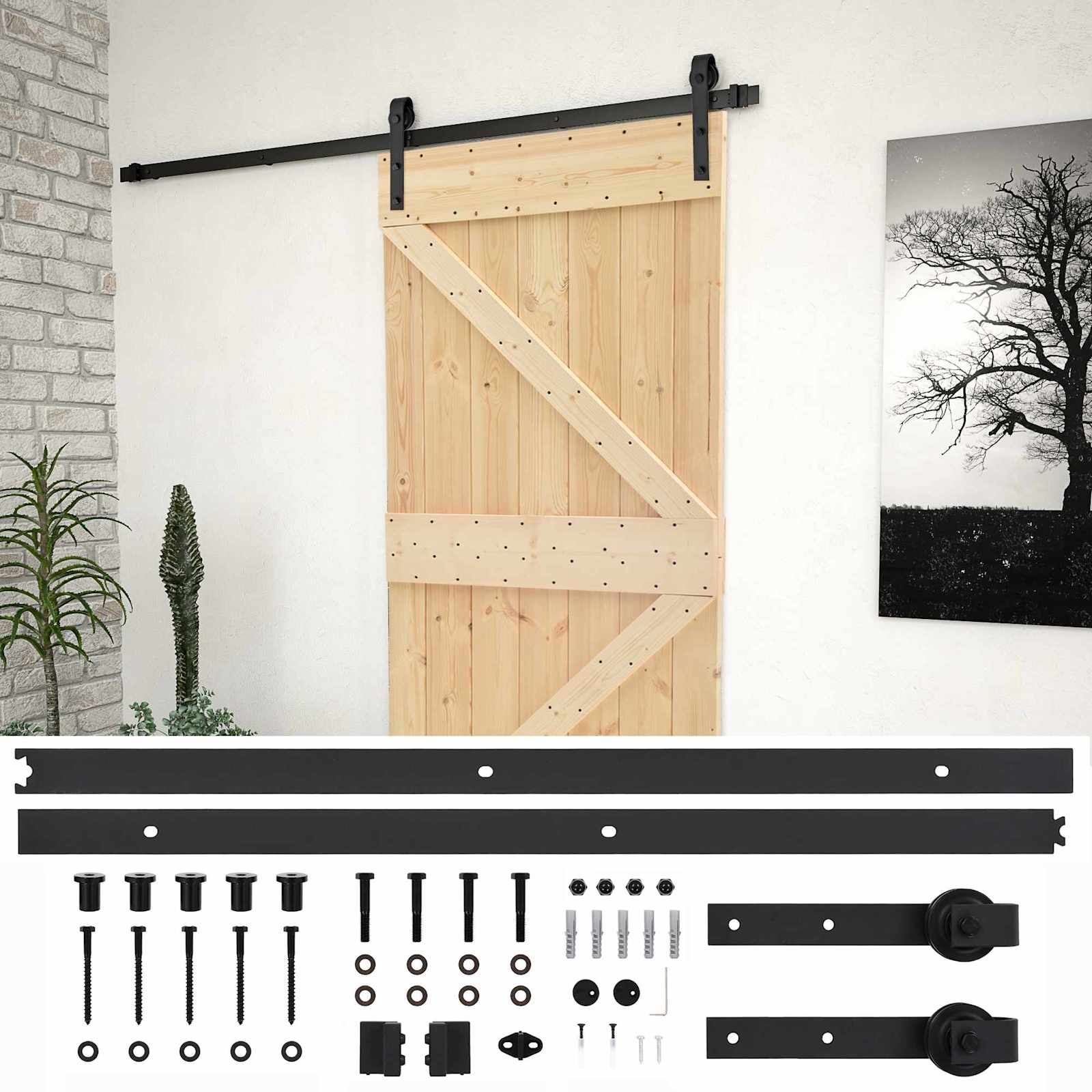 Συρόμενη Πόρτα Φυσικό και Μαύρο 80 x 210 cm Μασίφ Ξύλο Πεύκου - Pakobazaar