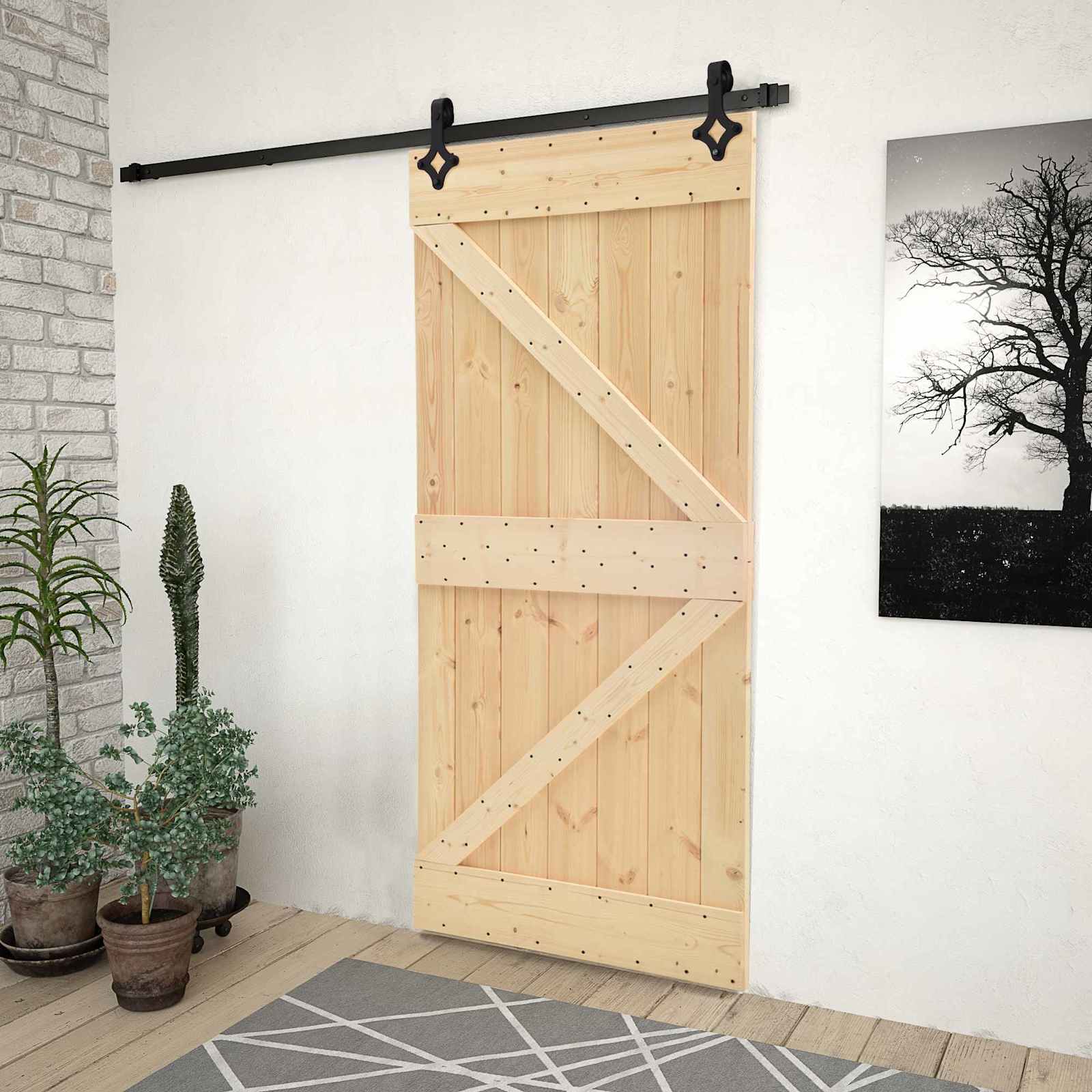 Συρόμενη Πόρτα Φυσικό και Μαύρο 90 x 210 cm Μασίφ Ξύλο Πεύκου - Pakobazaar