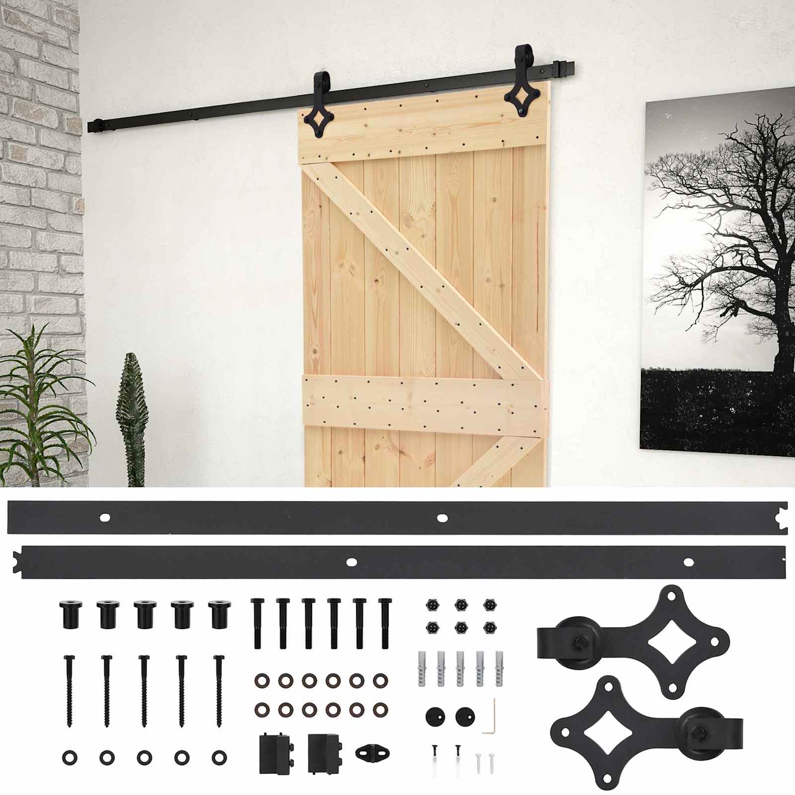 Συρόμενη Πόρτα Φυσικό και Μαύρο 90 x 210 cm Μασίφ Ξύλο Πεύκου - Pakobazaar
