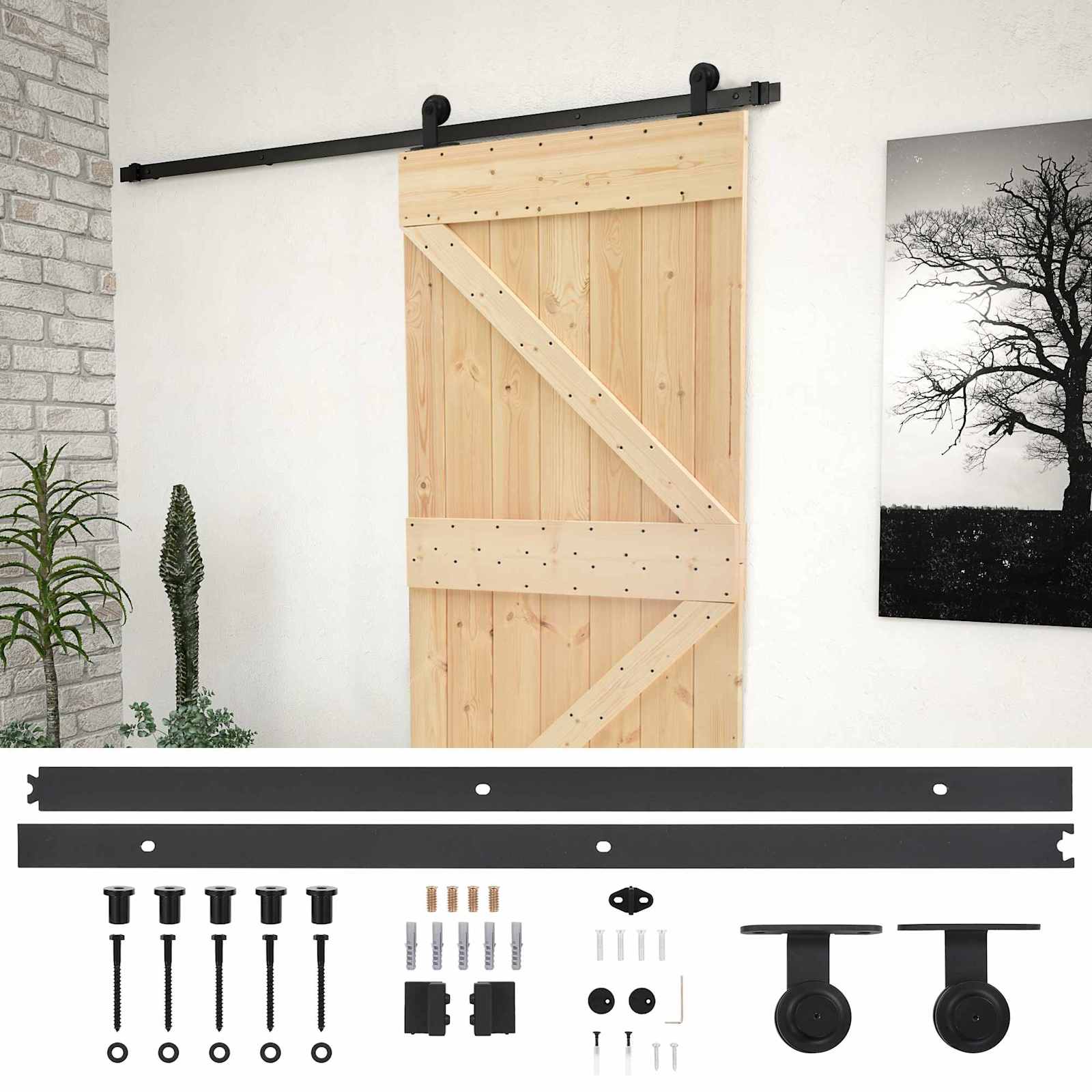 Συρόμενη Πόρτα Φυσικό και Μαύρο 90 x 210 cm Μασίφ Ξύλο Πεύκου - Pakobazaar