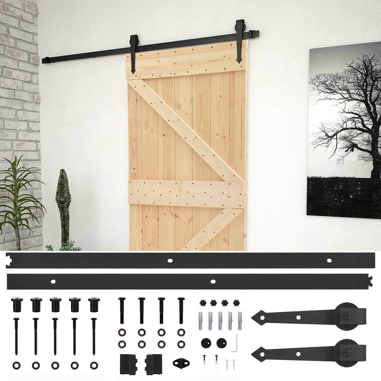Συρόμενη Πόρτα Φυσικό και Μαύρο 100 x 210 cm Μασίφ Ξύλο Πεύκου - Pakobazaar