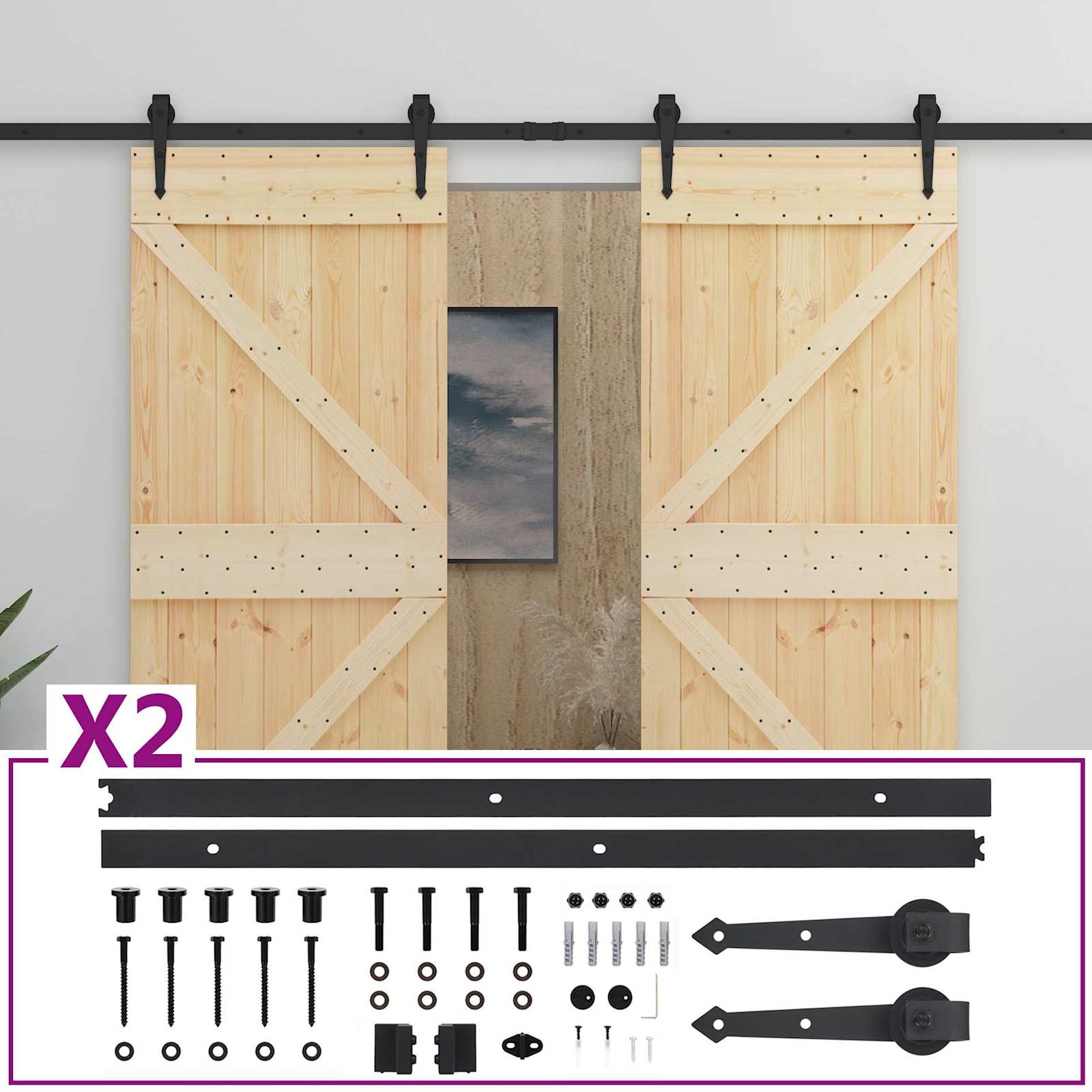 Συρόμενη Πόρτα 2 pcs Φυσικό και Μαύρο Μασίφ Ξύλο Πεύκου - Pakobazaar
